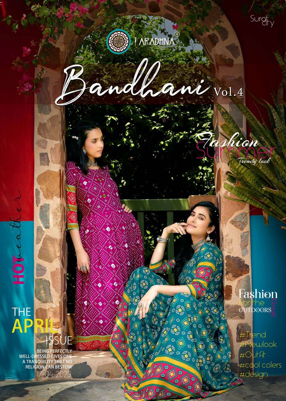 BANDHANI VOL 4 RAYON BANDHANI PRINT EMBROIDERY WORK LIVA TAG LONG GOWN KURTI BY ARADHNA BRAND WHOLES...