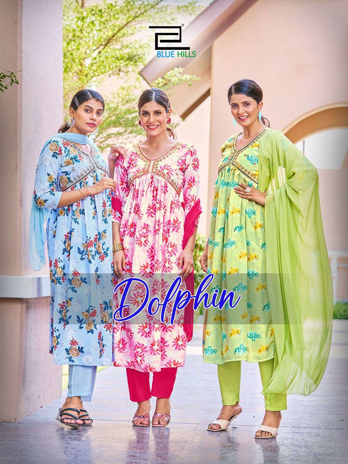 DOLPHIN POLY RAYON DIGITAL PRINT ALIA CUT EMBROIDERY WORK KURTI WITH PANT AND NAZMIN DUPATTA BY BLUE...