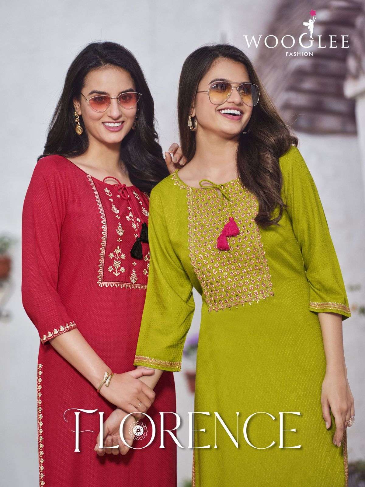 FLORENCE RAYON BUTTI EMBROIDERY AND HANDWORK STRAIGHT KURTI BY WOOGLEE BRAND WHOLESALER AND DEALER