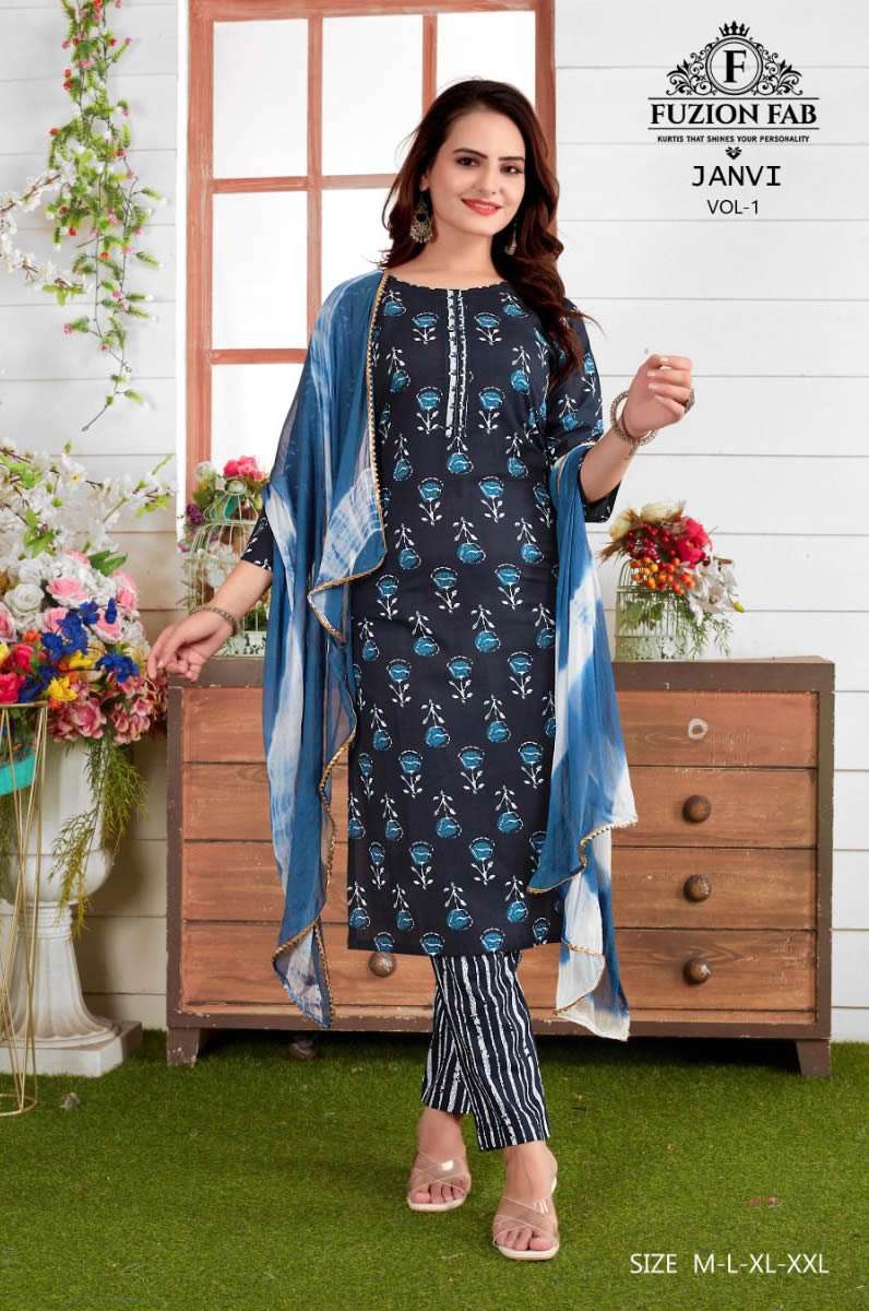 JAHNVI VOL 1 HEAVY CAMBRIC COTTON KHATLI HANDWORK KURTI WITH PANT AND NAZMIN DUPATTA BY FUSION FAB B...