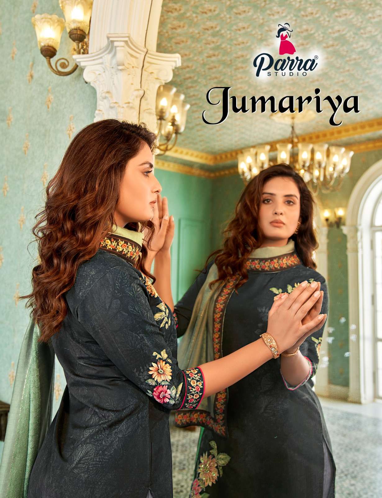 JUMARIYA VOL 1 REYON LEQUED DIGITAL PRINT KHATLI WORK KURTI WITH PANT AND VIVING SEQUENCE DUPATTA WI...