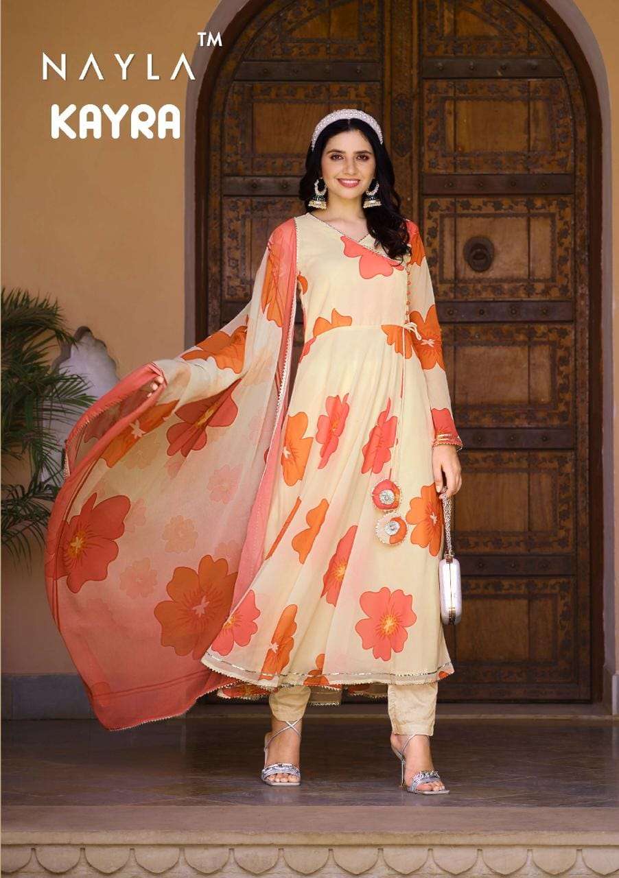 KAYRA BY GEORGETTE PRINT ANARKALI KURTI WITH CREP INNER AND DUPATTA BY NAYLA BRAND WHOLESALER AND DE...
