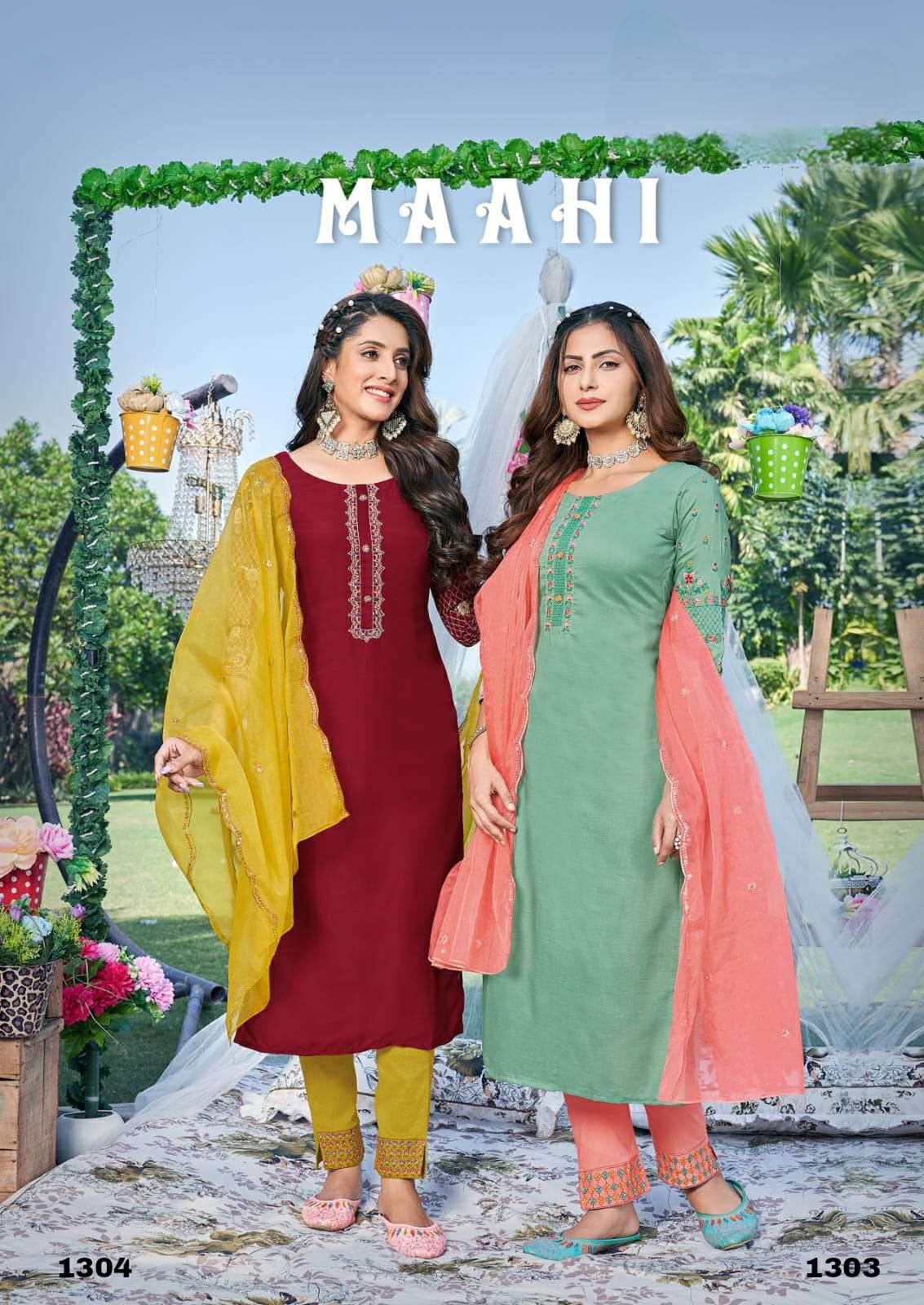 MAAHI VISCOSE CHINON SILK THREAD AND HANDWORK KURTI WITH LIVA RAYON SLUB LYCRA PANT AND PURE ORGANZA...