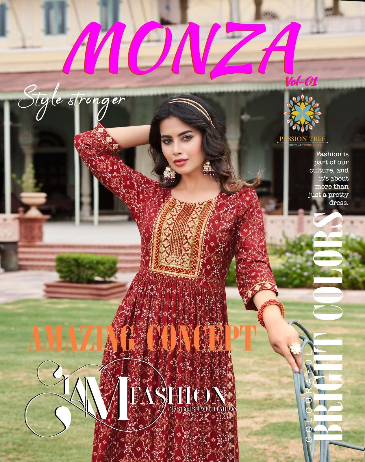 MONZA VOL 1 REYON FANCY SEQUENCE EMBROIDERY WORK NAYRA CUT KURTI BY PASSION TREE BRAND WHOLESALER AN...