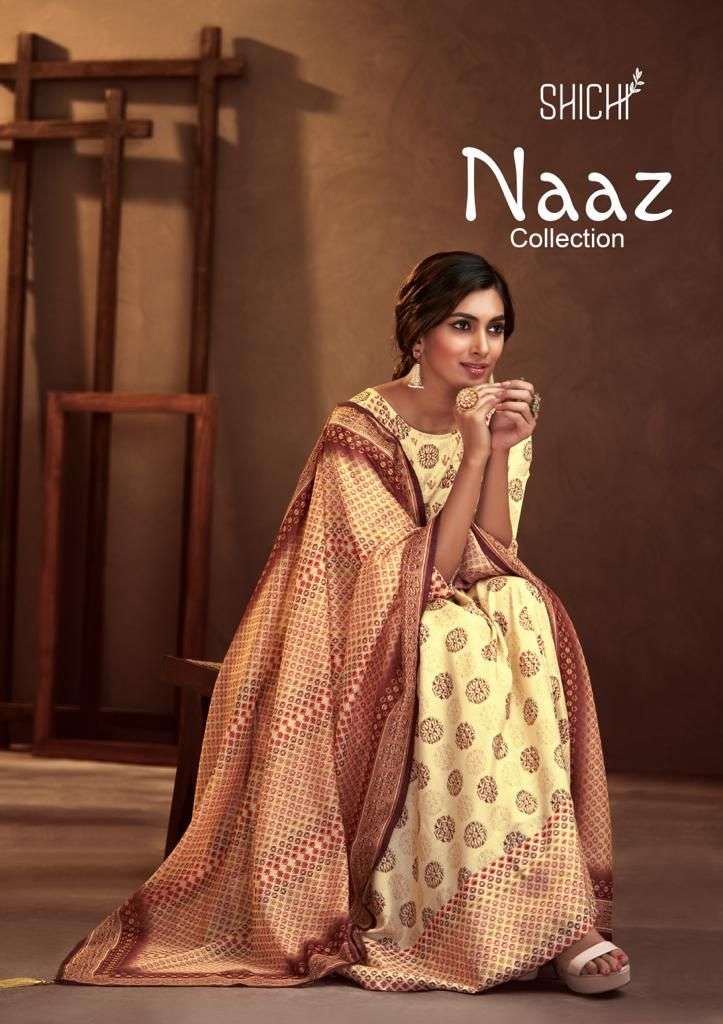 NAAZ LINEN SILK HEAVY HANDWORK GOWN STYLE KURTI WITH SILK BLEND DUPATTA BY SHICHI BRAND WHOLESALER A...