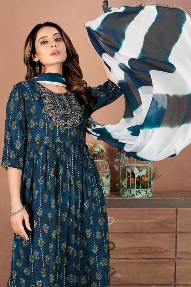 NAYRA VOL 3 HEAVY REYON CAPSULE NYRA CUT EMBROIDERY WORK KURTI WITH PANT AND NAZMIN DUPATTA BY FUSIO...