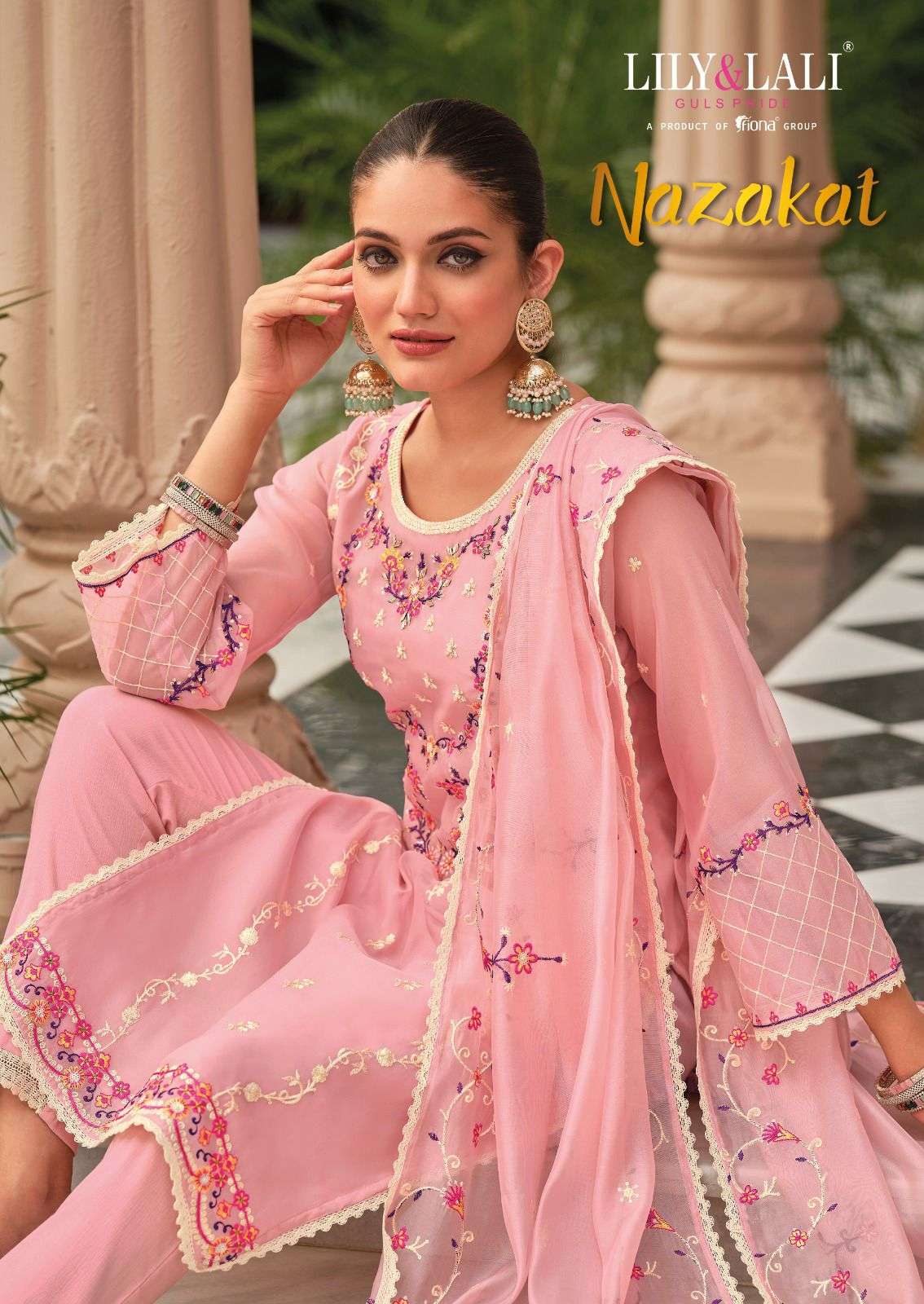 NAZAKAT PURE ORGANZA EMBROIDERY AND HANDWORK KURTI WITH LYCRA PANT AND SEQUENCE WORK WITH 4 SIDE CRO...