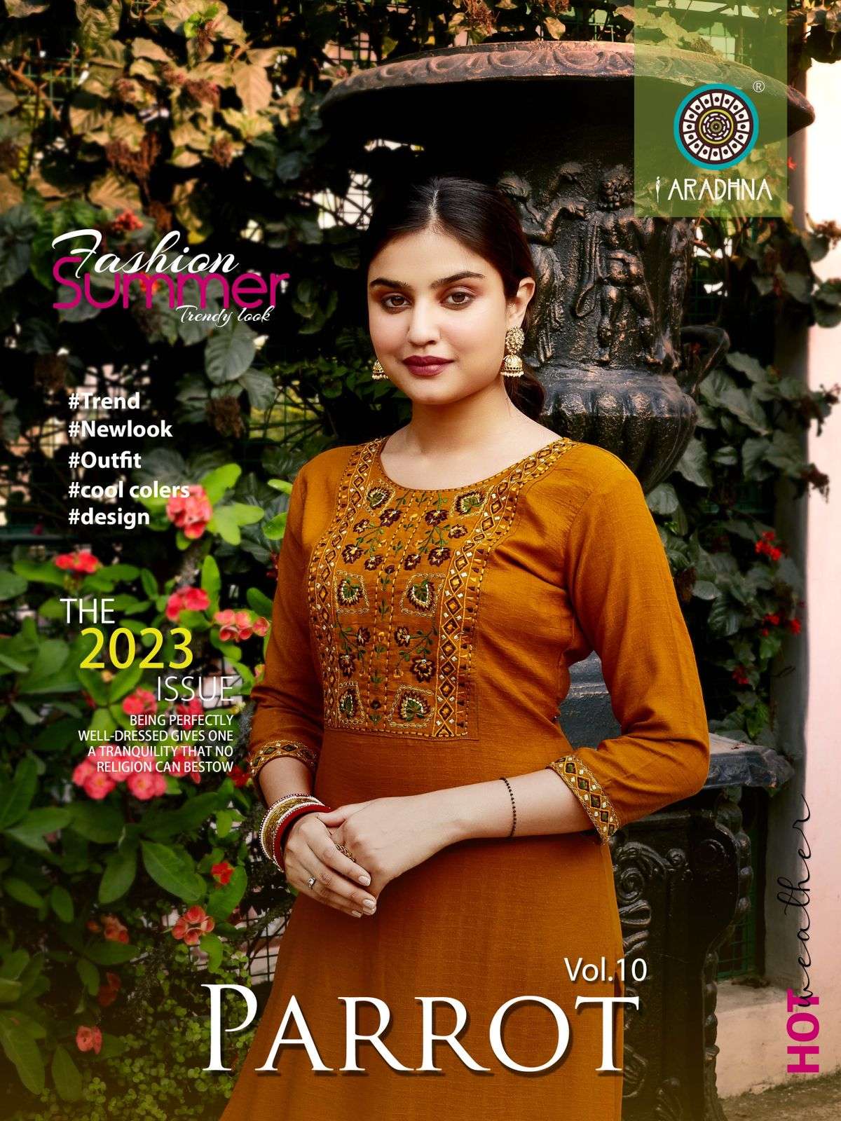 PARROT VOL 10 FANCY FABRIC EMBROIDERY WORK STRAIGHT KURTI BY ARADHNA BRAND WHOLESALER AND DEALER