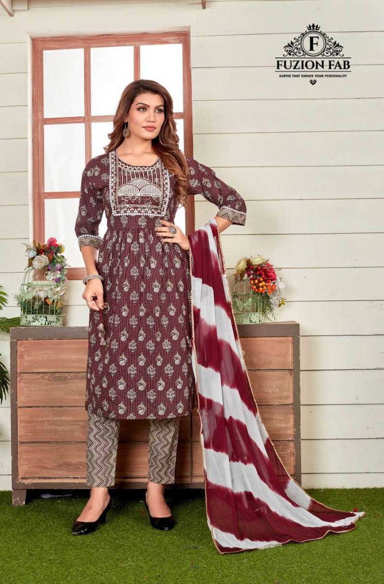 PRINCESS COTTON CAMBRIC NYRA CUT EMBROIDERY WORK KURTI WITH PANT AND NAZMIN DUPATTA BY FUSION FAB BR...
