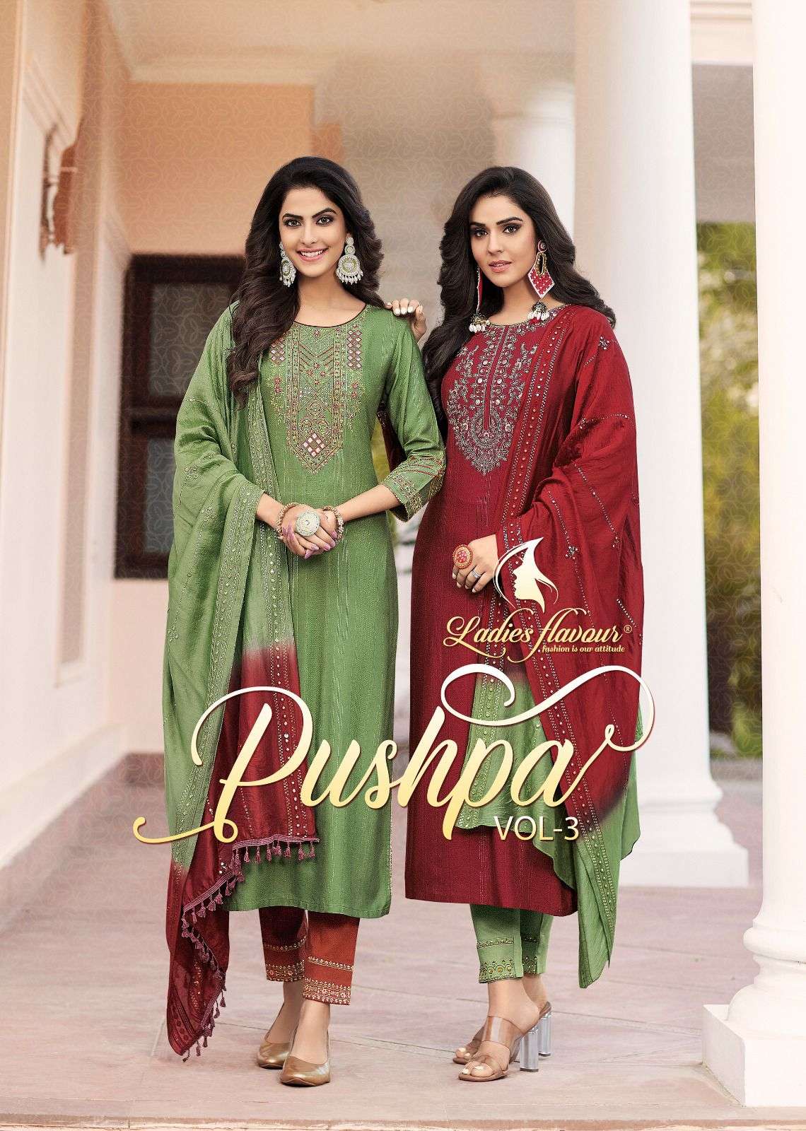 PUSHPA VOL 3 PURE RAYON VISCOSE EMBROIDERED GOTTA PATTI KURTI WITH COTTON LYCRA PANT AND CHANDERI VI...