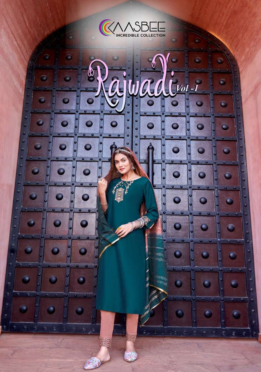 RAJWADI VOL 1 CHINNON EMBROIDERY AND KHATLI WORK KURTI WITH COTTON SLUB LYCRA PANT AND CHANDERI JAQU...