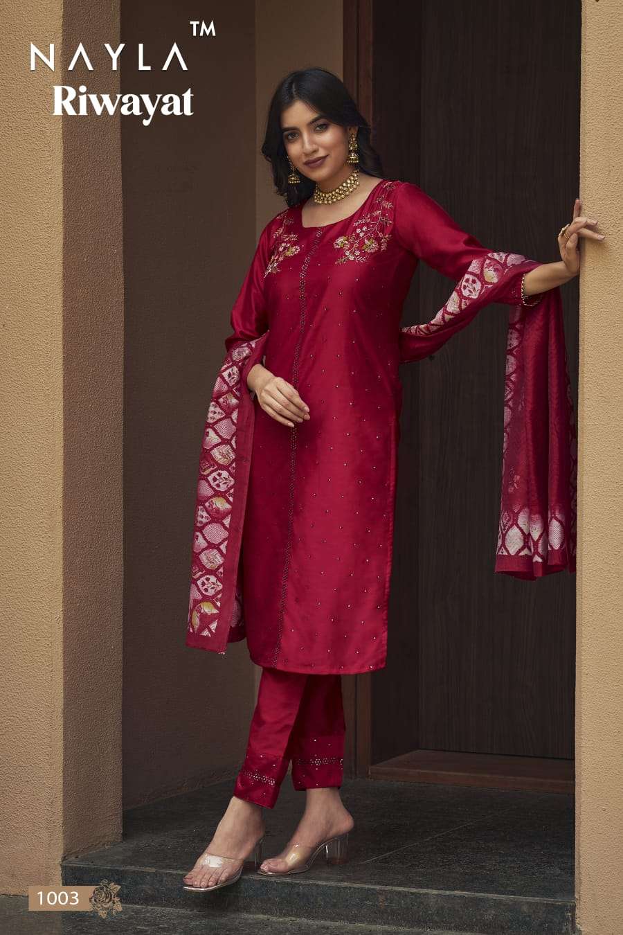 RIWAYAT PURE CHANDERI WORK KURTI WITH PANT AND PRINTED DUPATTA BY NAYLA BRAND WHOLSALER AND DEALER 