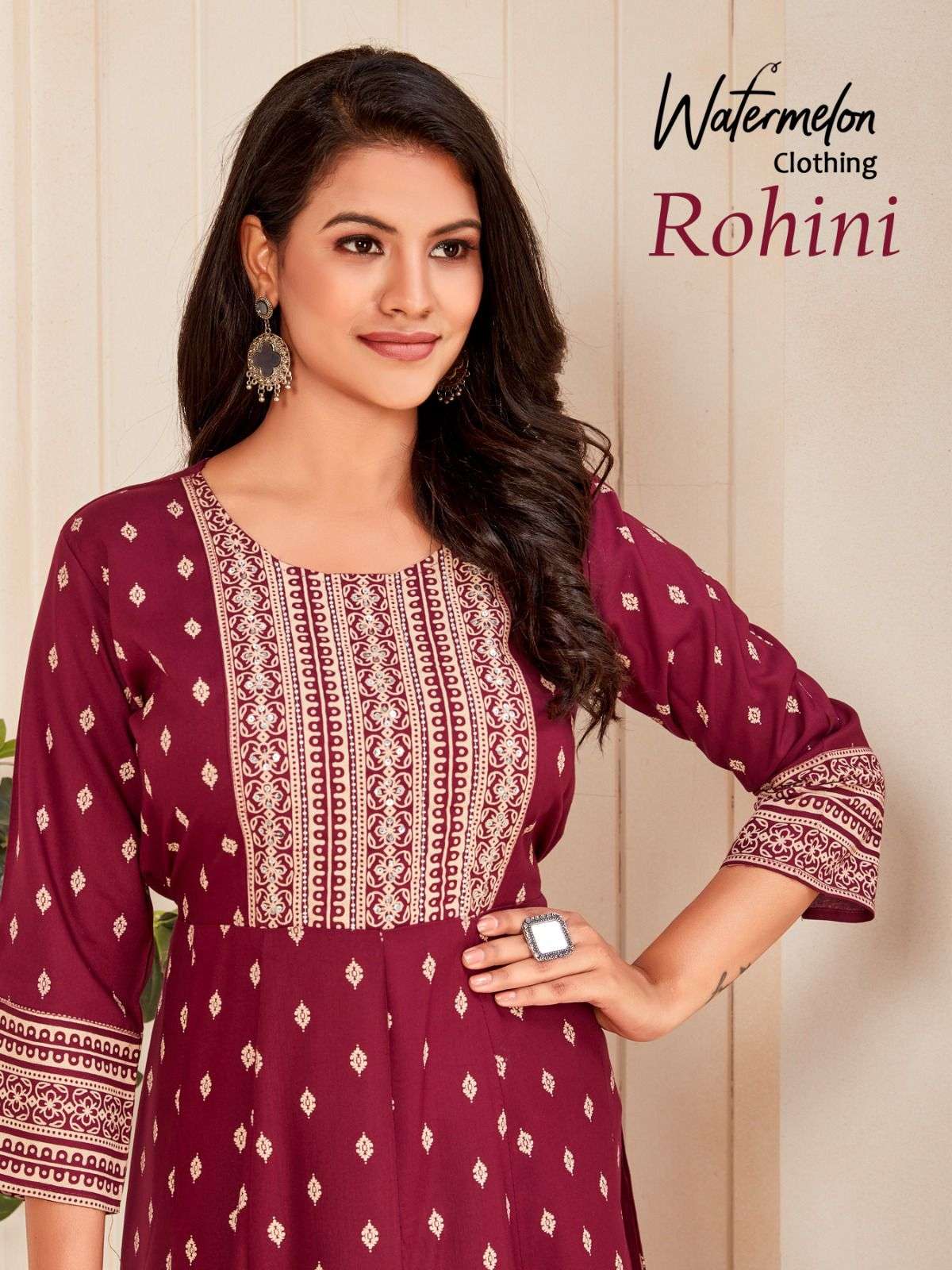 ROHINI HEAVY RAYON KHADI GOLD PRINT WITH NECK HANDWORK KURTI BY WATERMELON CLOTHING BRAND WHOLESALER...