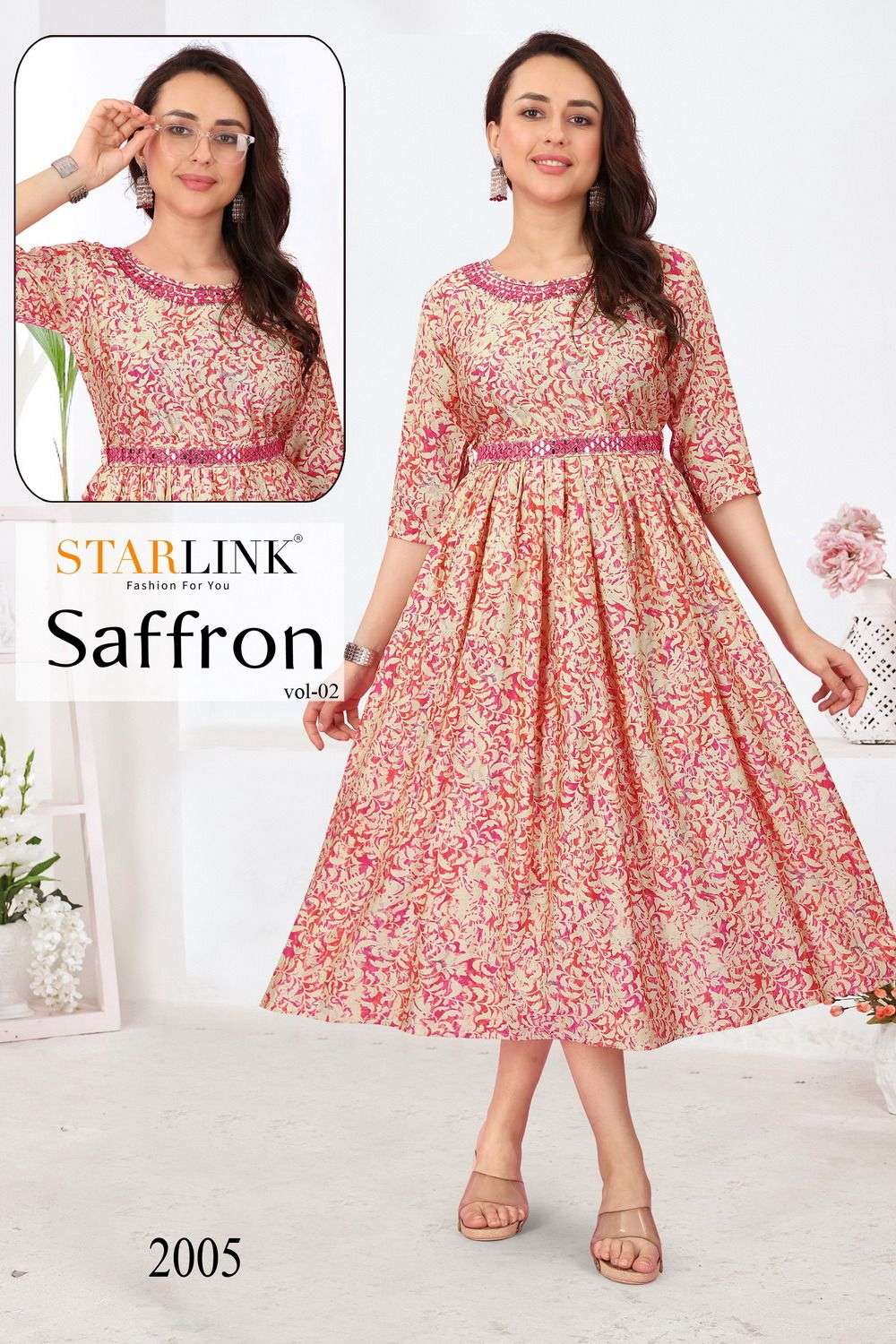 SAFFRON VOL 2 MODAL SILK FOIL PRINT WITH MIRROR HAND WORK KURTI WITH BELT BY STARLINK BRAND WHOLESAL...