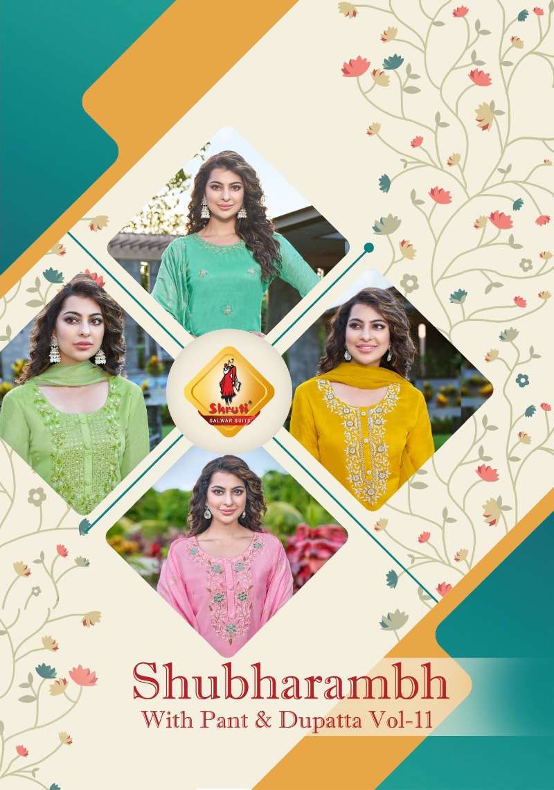 SHUBHARAMBH VOL 11 VISCOSE SOFT SILK HANDWORK KURTI WITH SATIN COTTON PANT AND ORGANZA WORK CHANDERI...