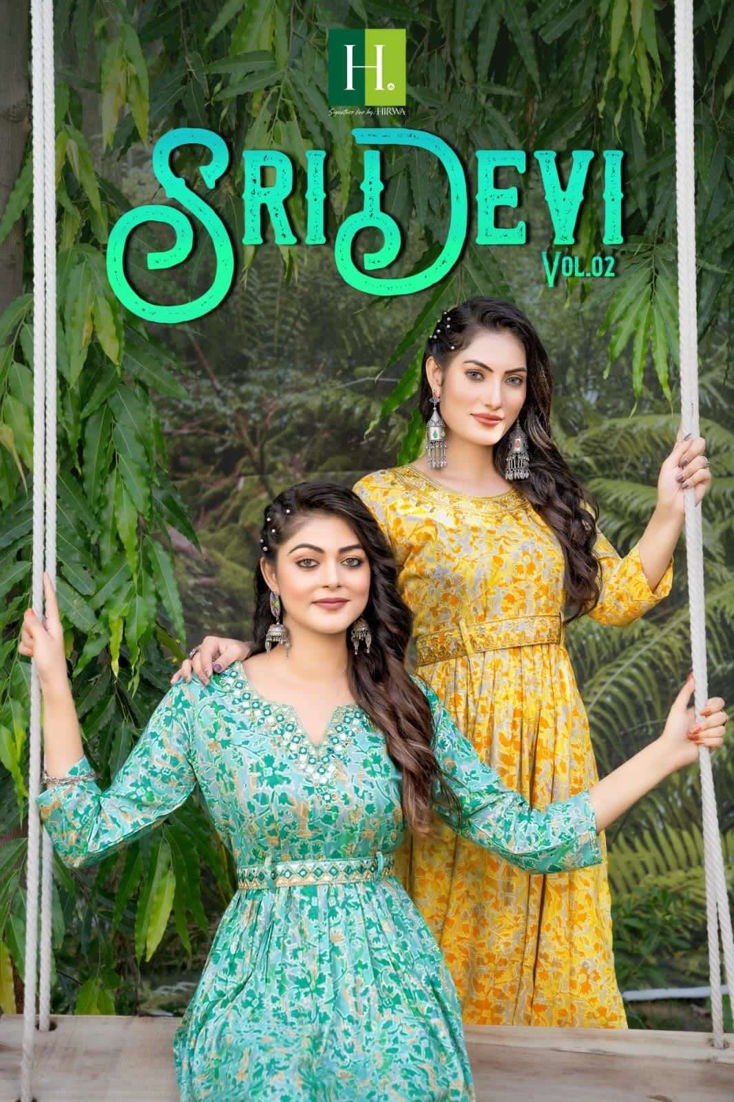SRIDEVI VOL 2 HEAVY RAYON FOIL PRINTS NAIRA CUT FESTIVE WEAR KURTI WITH NECK EMBROIDERY AND EMBROIDE...