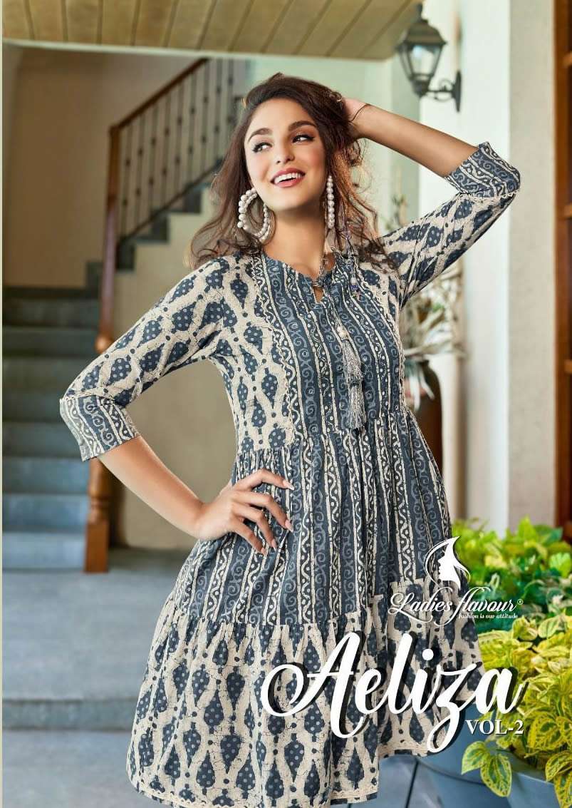 AELIZA VOL 2 PURE COTTON PRINT AND EMBROIDERY WORK WITH COTTON LACE FANCY TUNICS BY LADIES FLAVOUR B...