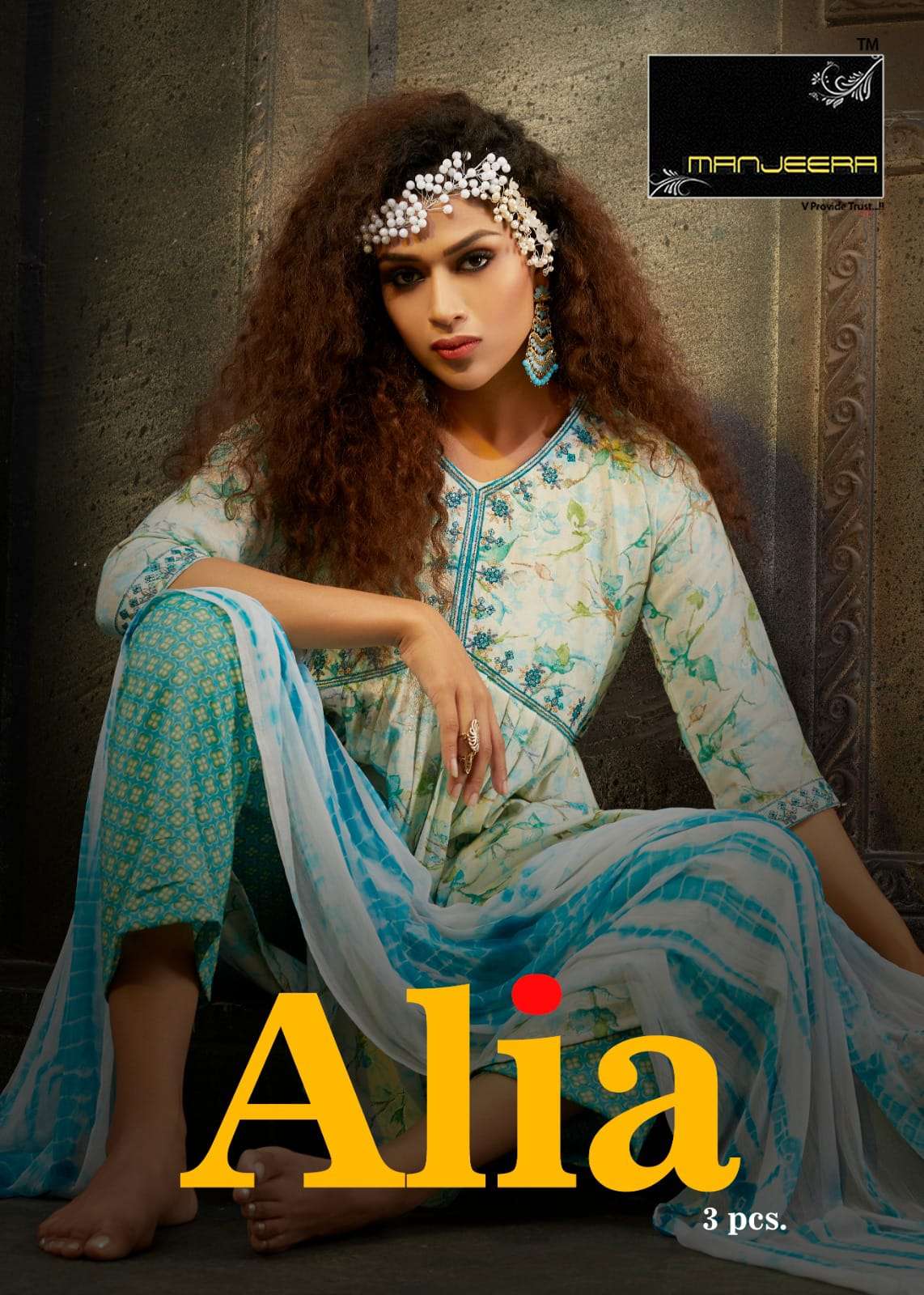 ALIA CAPSUL PRINTED EMBROIDERY WORK AALIA CUT KURTI WITH PANT AND SHIBORI PRINTED DUPATTA BY MANJEER...