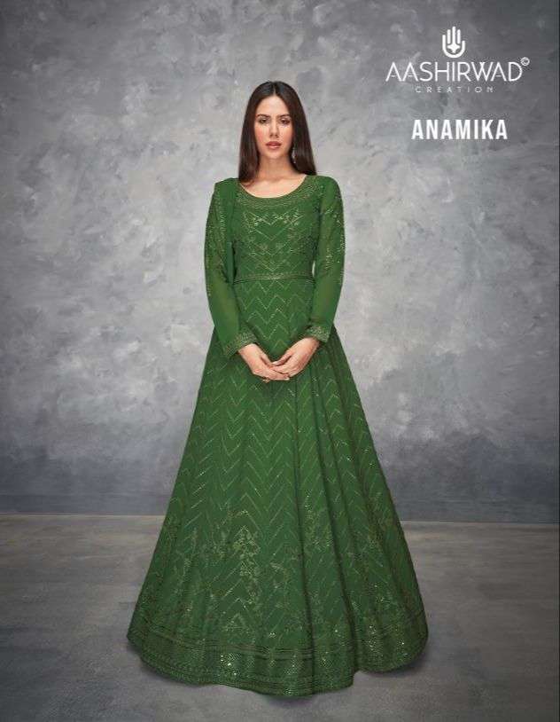 ANAMIKA REAL GEORGETTE SEUENCE WORK DESIGNER GOWN WITH SILK SANTOON PANT AND DUPATTA BY AASHIRVAD BR...