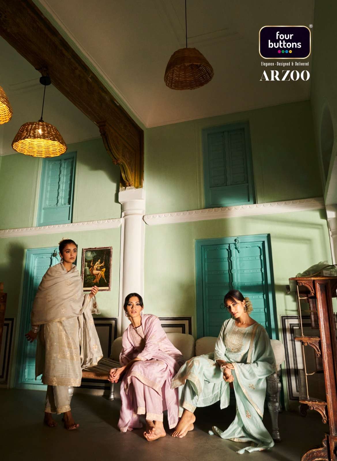 ARZOO LINEN RUSSIAN JACQUARD HANDWORK KURTI  WITH VISCOSE SILK PANT ZARI EMBROIDERY DUPATTA BY FOUR ...