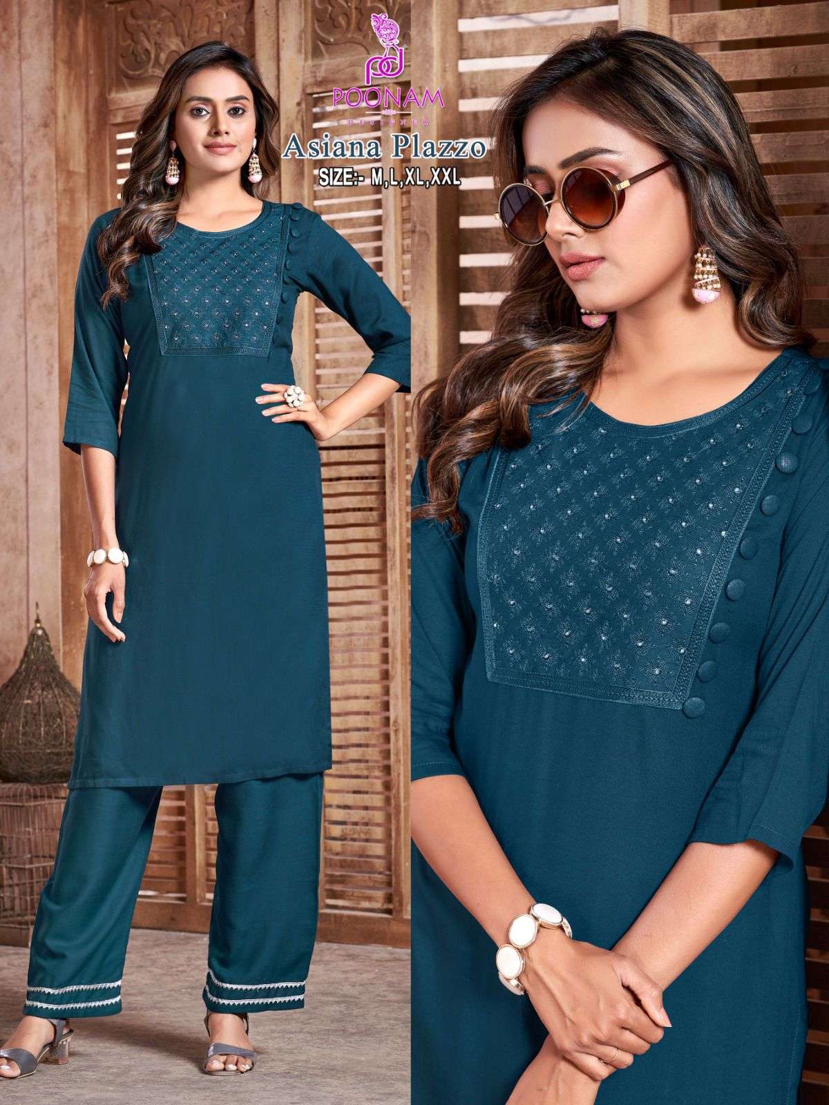 ASIANA PLAZZO RAYON EMBROIDERY AND MIRROR WORK KURTI WITH PLAZZO PANT BY POONAM DESIGNER BRAND WHOLE...