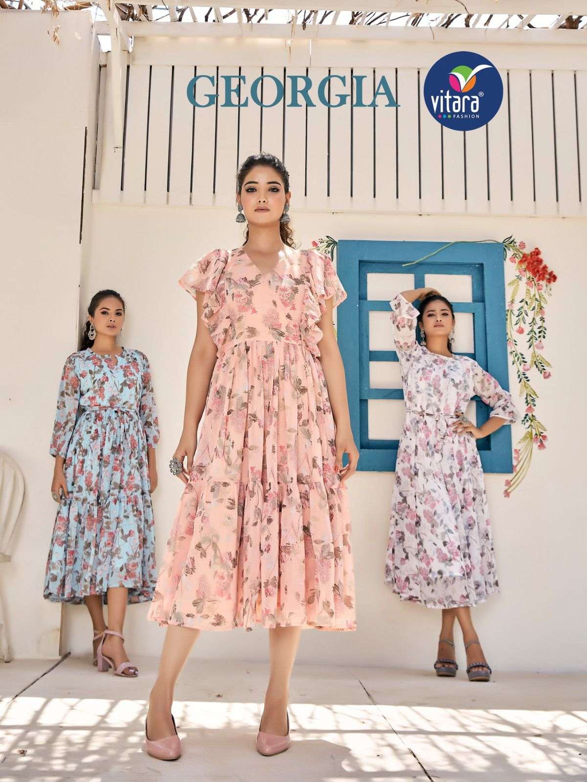 GEORGIA GEORGETTE FLORAL PRINTED DESIGNER TUNICS BY VITARA FASHION BRAND WHOLESALER AND DEALER