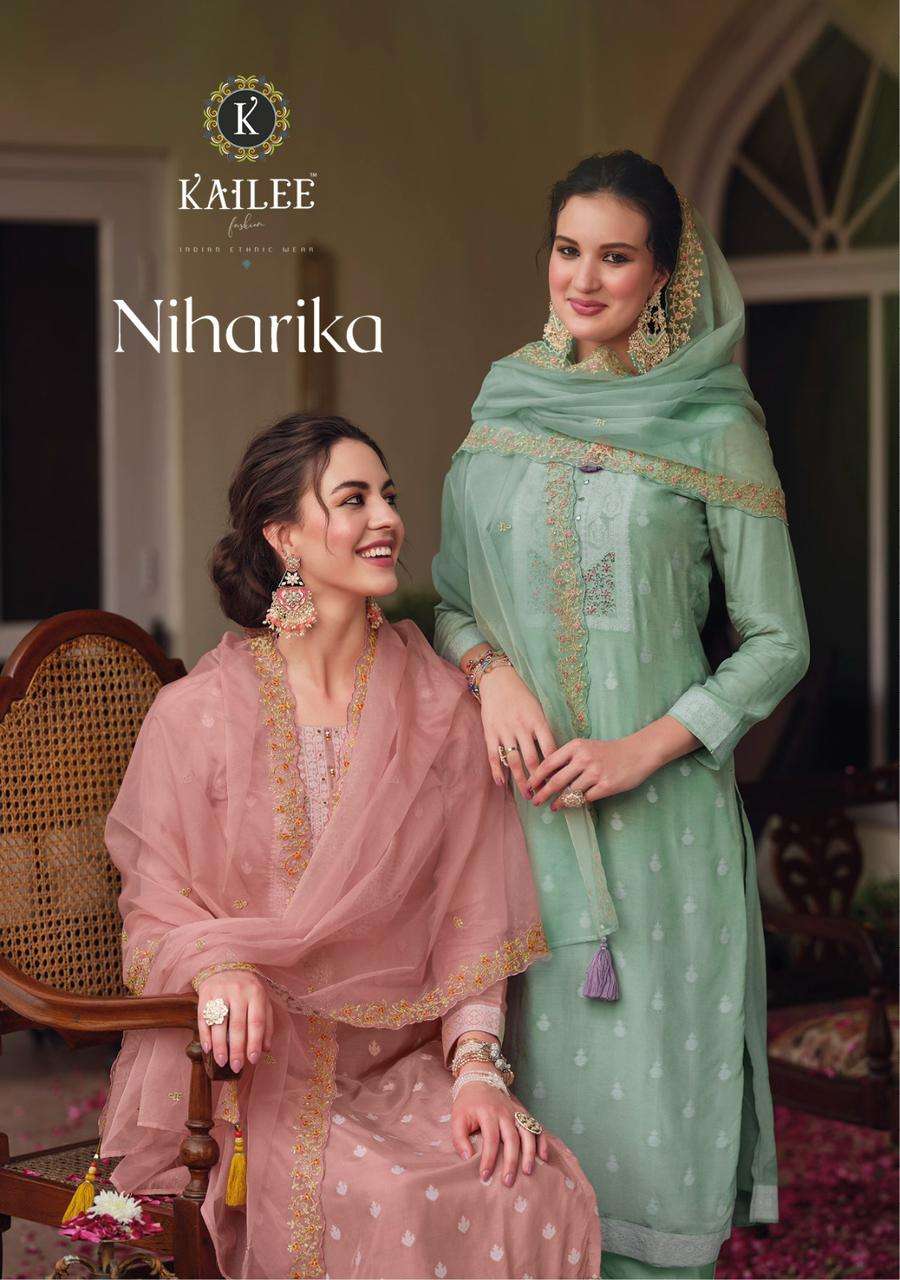 NIHARIKA PURE VISCOUSE MUSLIN HANDWORK KURTI WITH MUSLINE PANT AND ORGENZA WORK DUPATTA BY KAILEE FA...