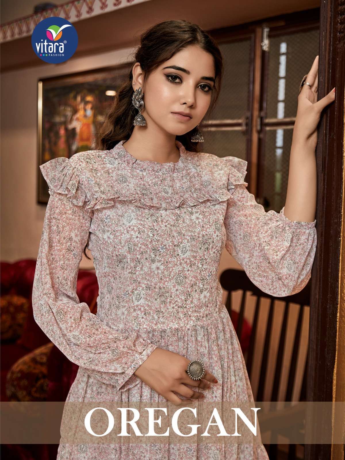 OREGAN GEORGETTE FLORAL PRINTS DESIGNER TUNICS BY VITARA FASHION BRAND WHOLESALER AND DEALER