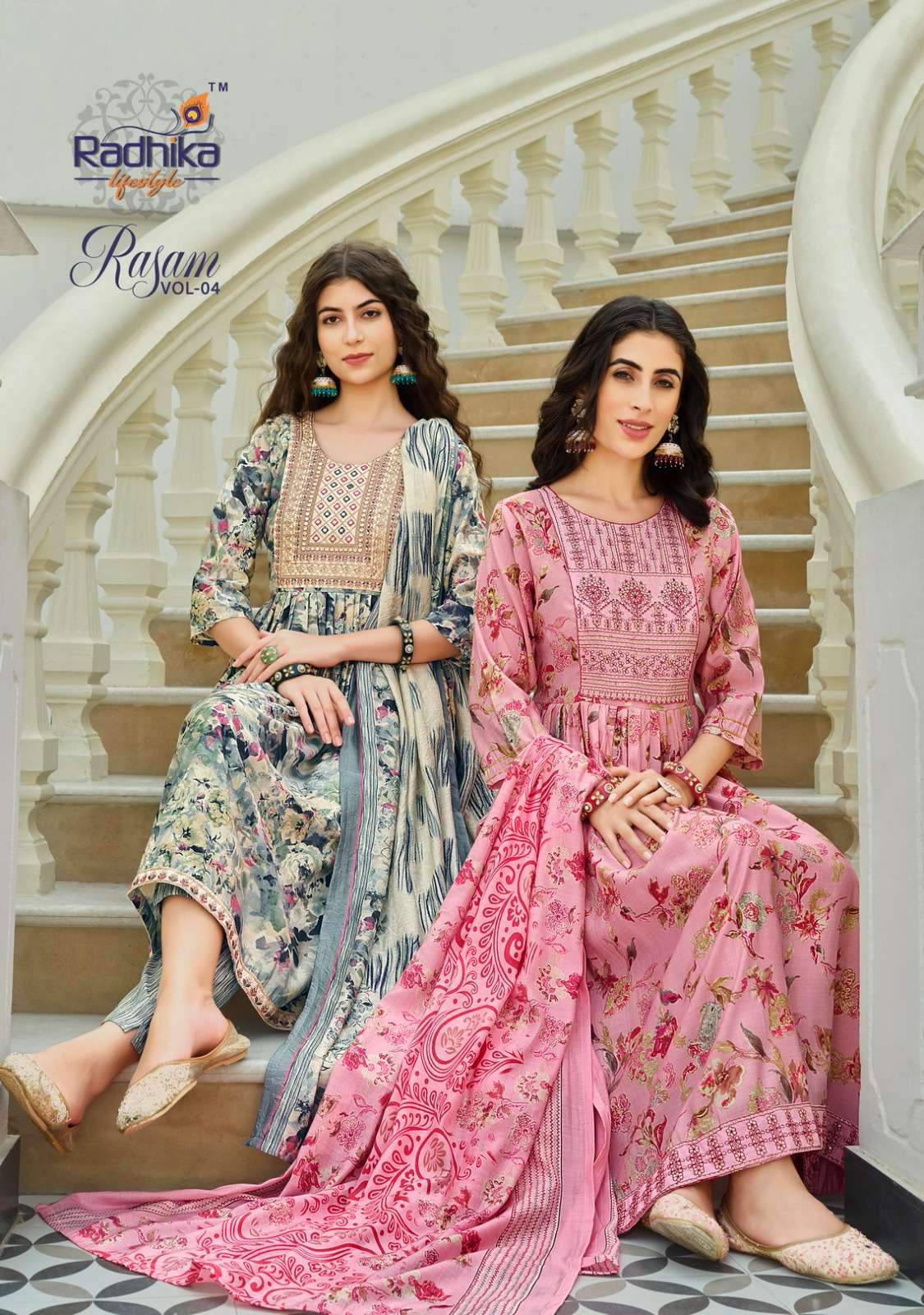 RASAM VOL 4 PURE MODAL MUSLIN PRINT EMBROIDERY AND LACE WORK NAYRA CUT KURTI WITH PANT AND DUPATTA B...