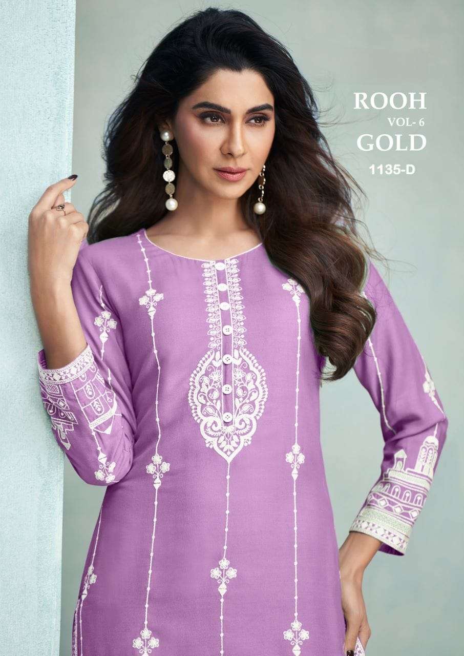 ROOH VOL 6 GOLD PURE REYON VISCOS LAKHNAWI STITCH KURTI WITH PURE COTTON LYCRA PANT BY VAMIKA BRAND ...
