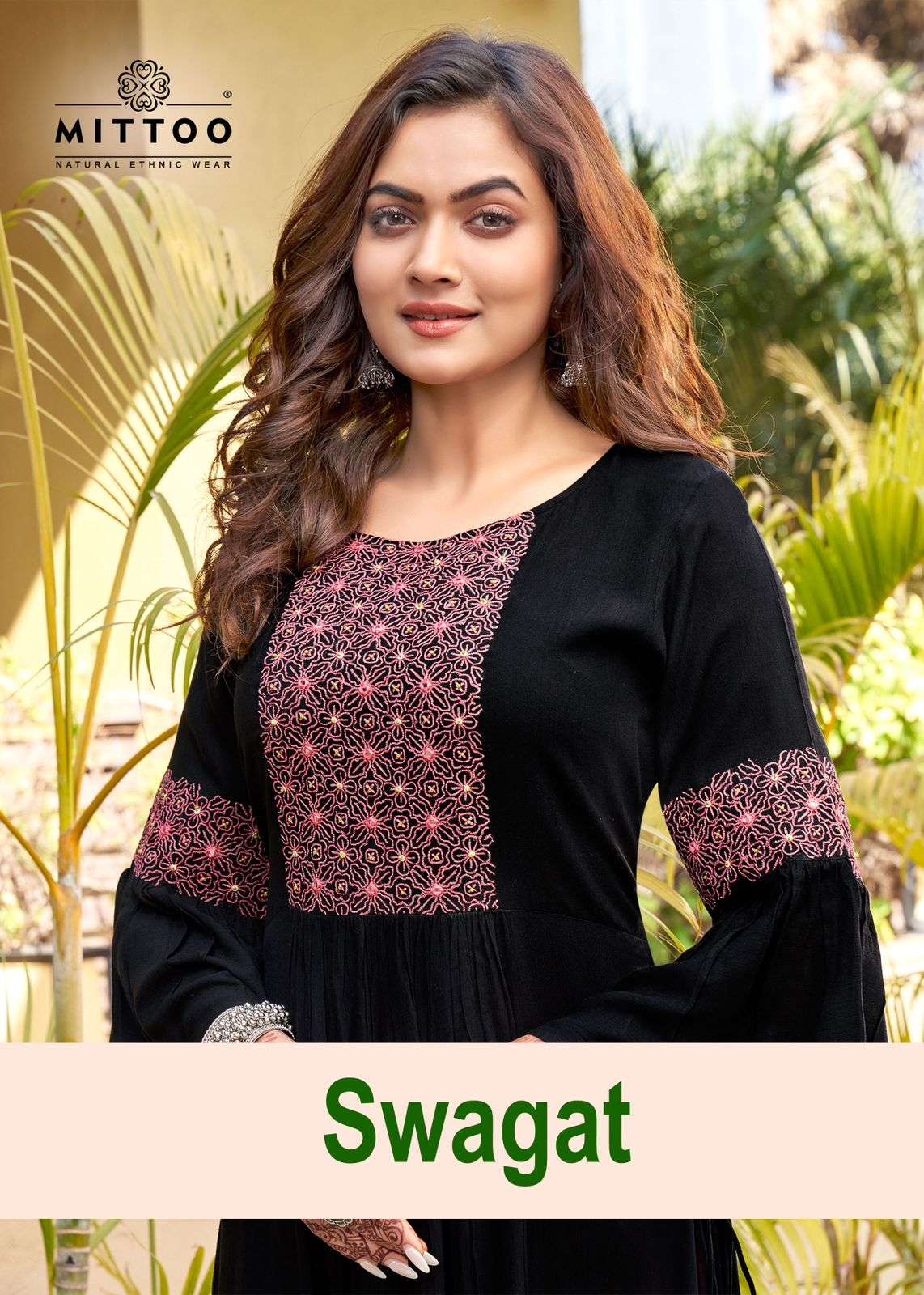 SWAGAT WRINCLE RAYON EMBROIDERY AND HANDWORK NAYRA CUT KURTI WITH HALF INNER BY MITTOO BRAND WHOLESA...