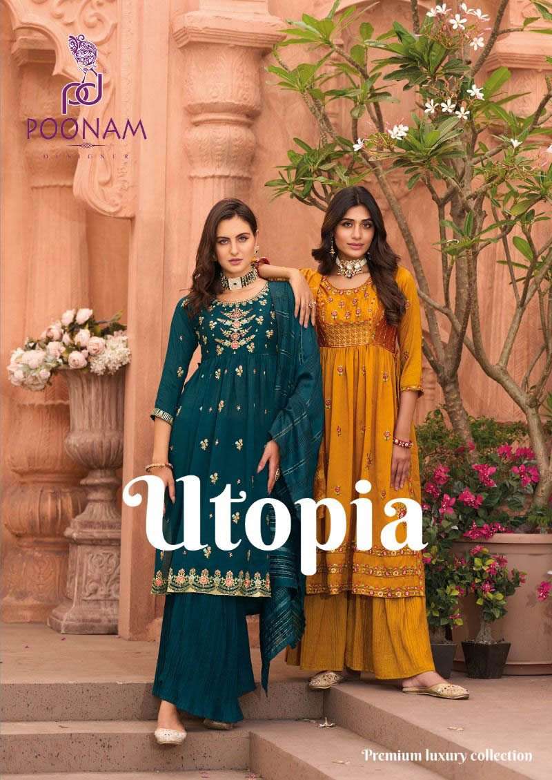 UTOPIA PURE FANCY FABRIC KALAKARI EMROIDERY AND SEQUENCE WORK NAYRA KURTI WITH PLAZO AND DUPATTA BY ...