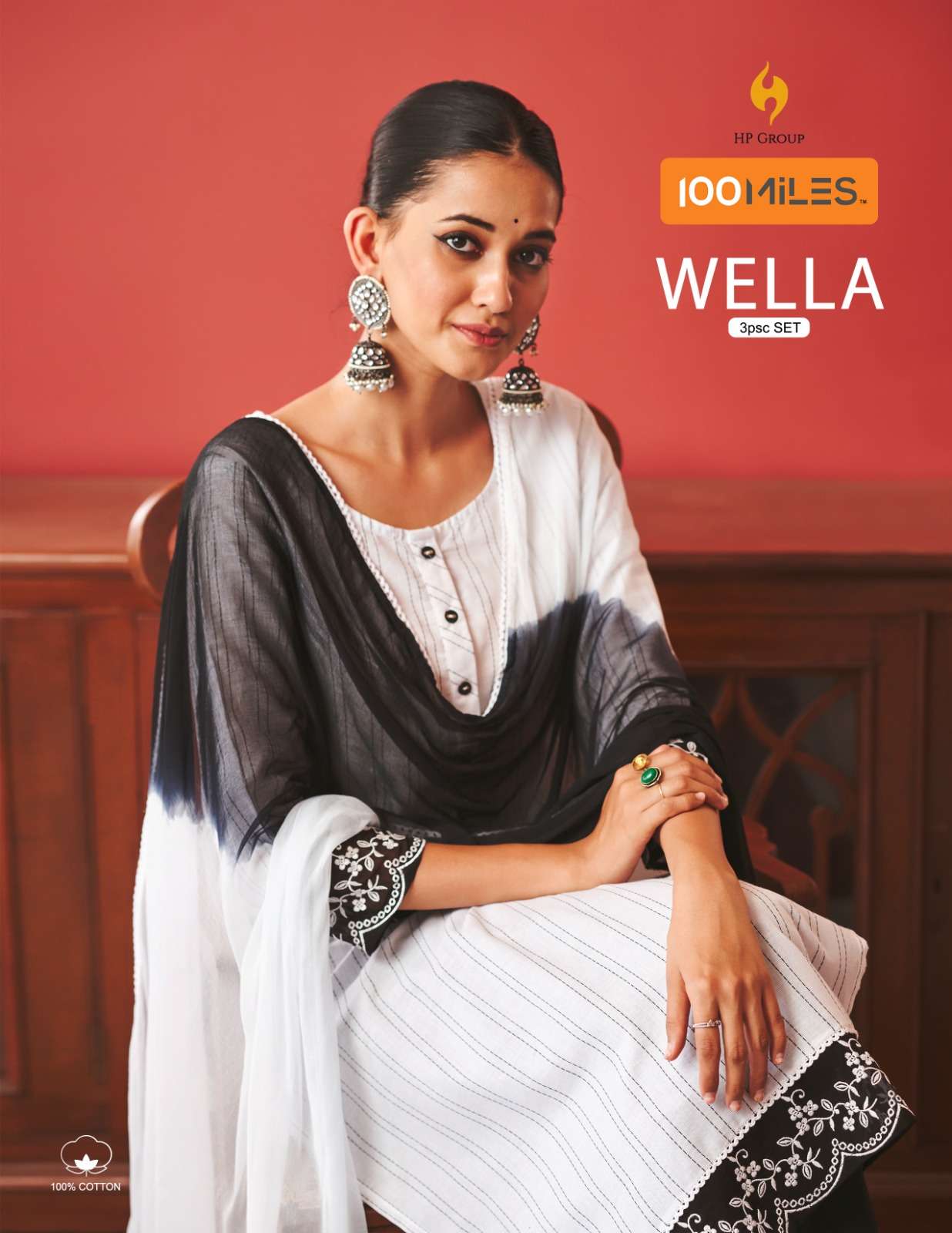 WELLA PURE COTTON FANCY EMBROIDERY WORK KURTI WITH PANT AND CHIFFON DUPATTA BY 100MILES BRAND WHOLES...