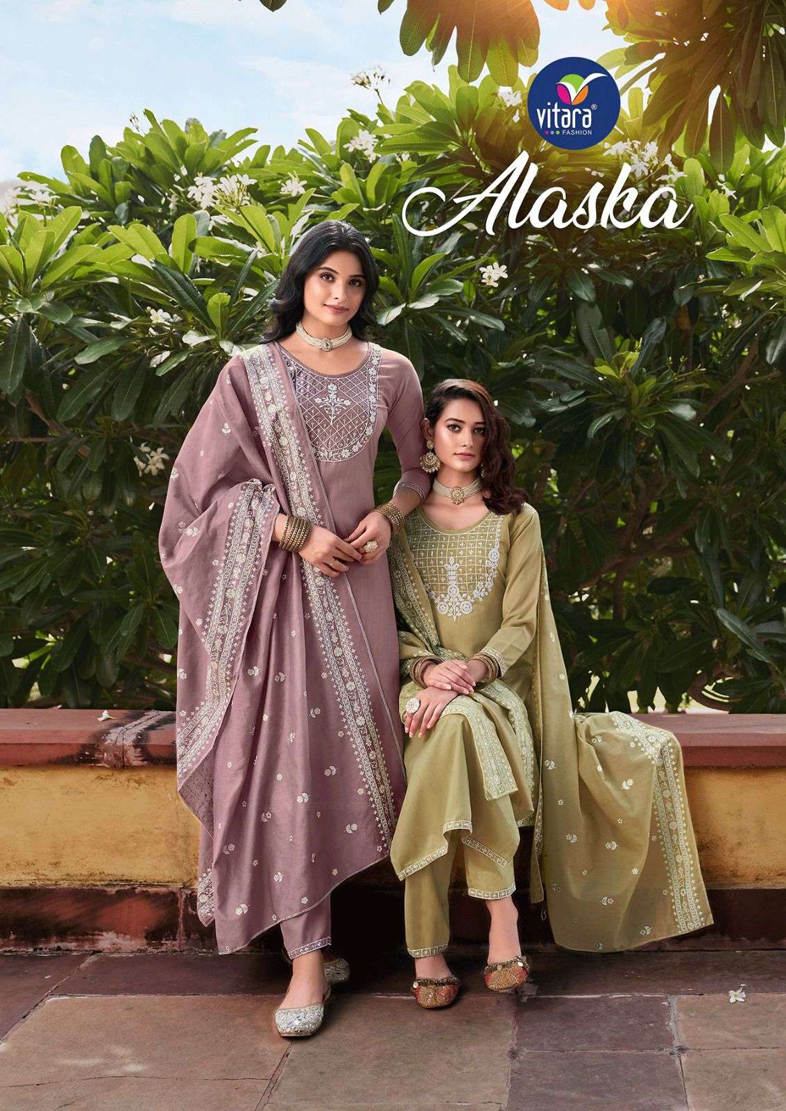 ALASKA TESLA FABRIC EMBROIDERY WORK KURTI WITH PANT AND VISCOS CHANDERI FOIL PRINT DUPATTA BY VITARA...