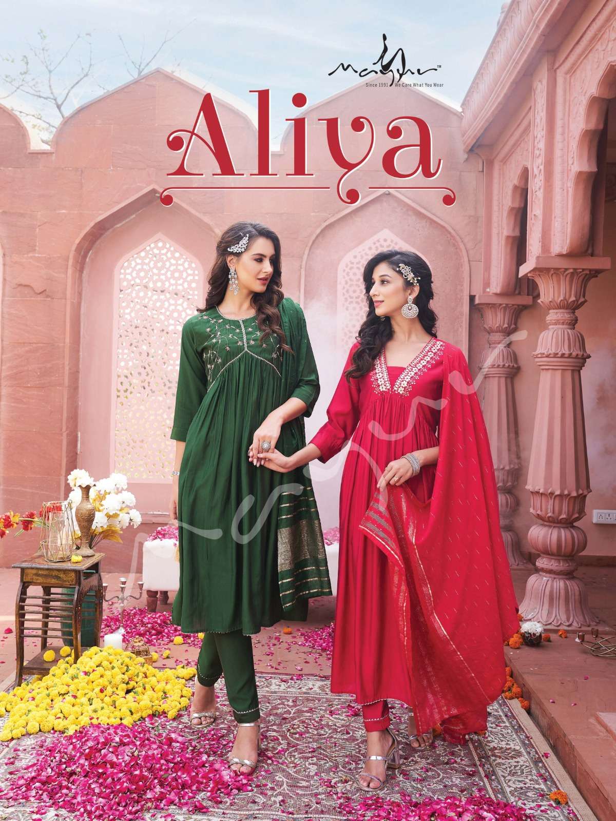 ALIYA PREMIUM VISCOUS SILK DESIGNER ALIYA HANDWORK KURTI WITH PANT AND SILK SEQUENCE DUPATTA BY MAYU...