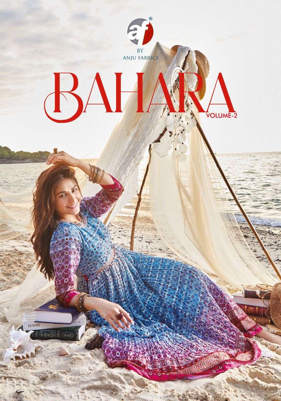 BAHARA VOL 2 PURE GEORGETTE LAHERIYA AND BANDHANI PRINT HANDWORK GOWN WITH BELT BY AF BRAND WHOLESAL...