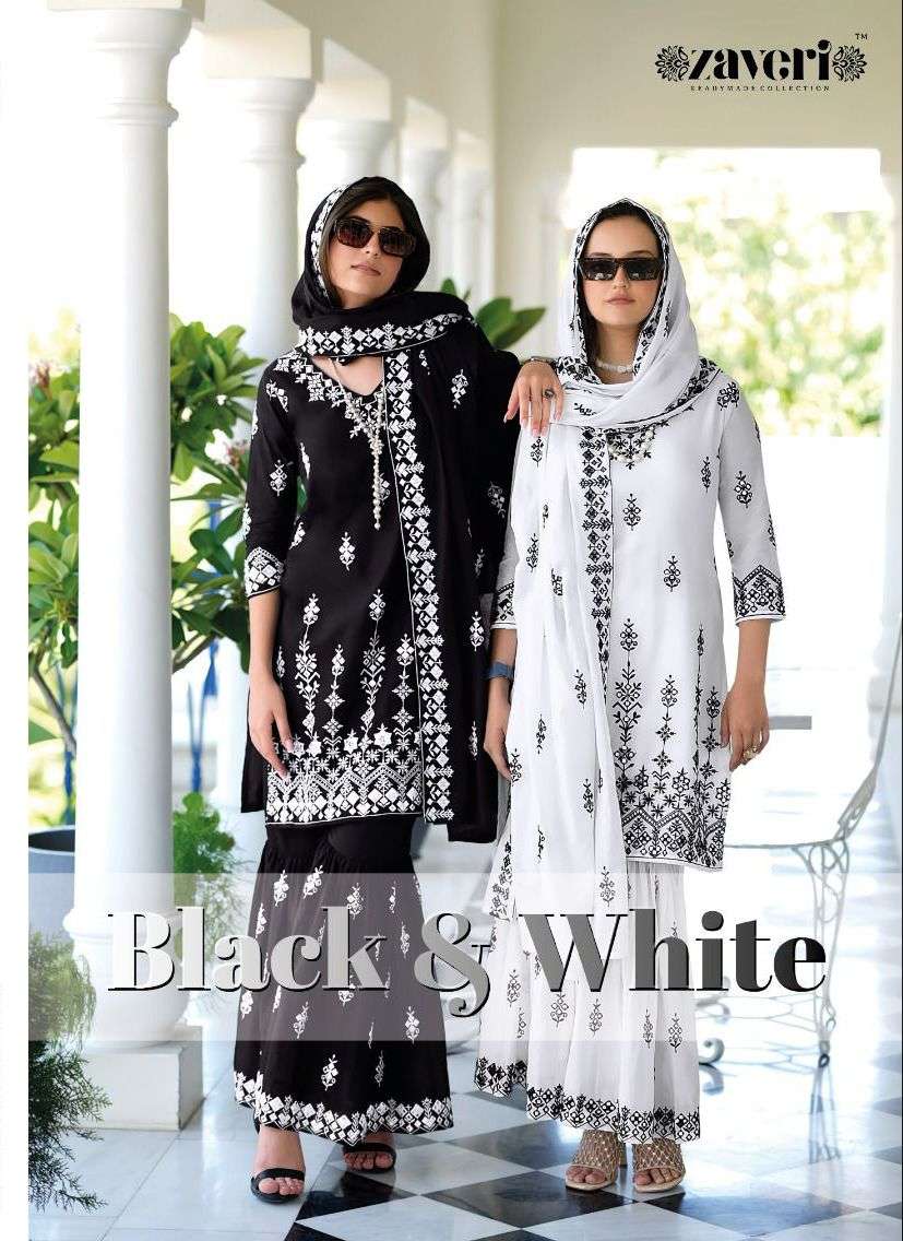 BLACK AND WHITE PURE MAL MAL EMBROIDERY WORK SHORT KURTI WITH SHARARA AND DUPATTA BY ZAVERI BRAND WH...