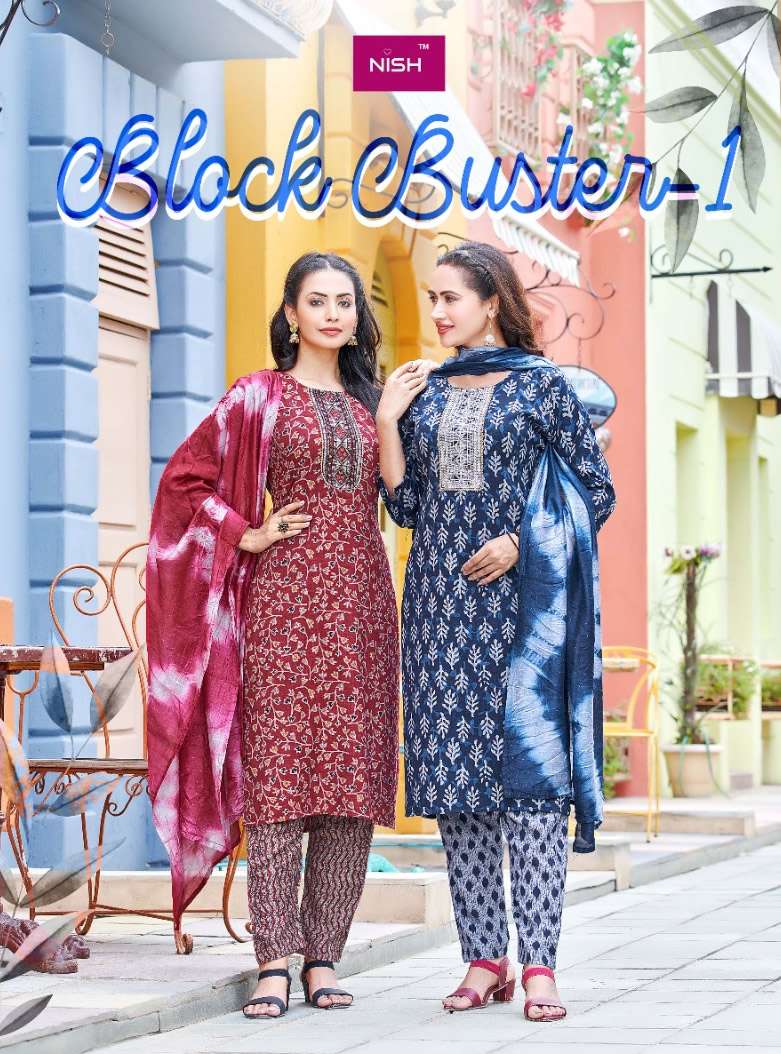 BLOCK BUSTER FINEST QUALITY OF HEAVY RAYON PRINT KURTI WITH PANT AND CHANDERI DUPATTA BY NISH BRAND ...