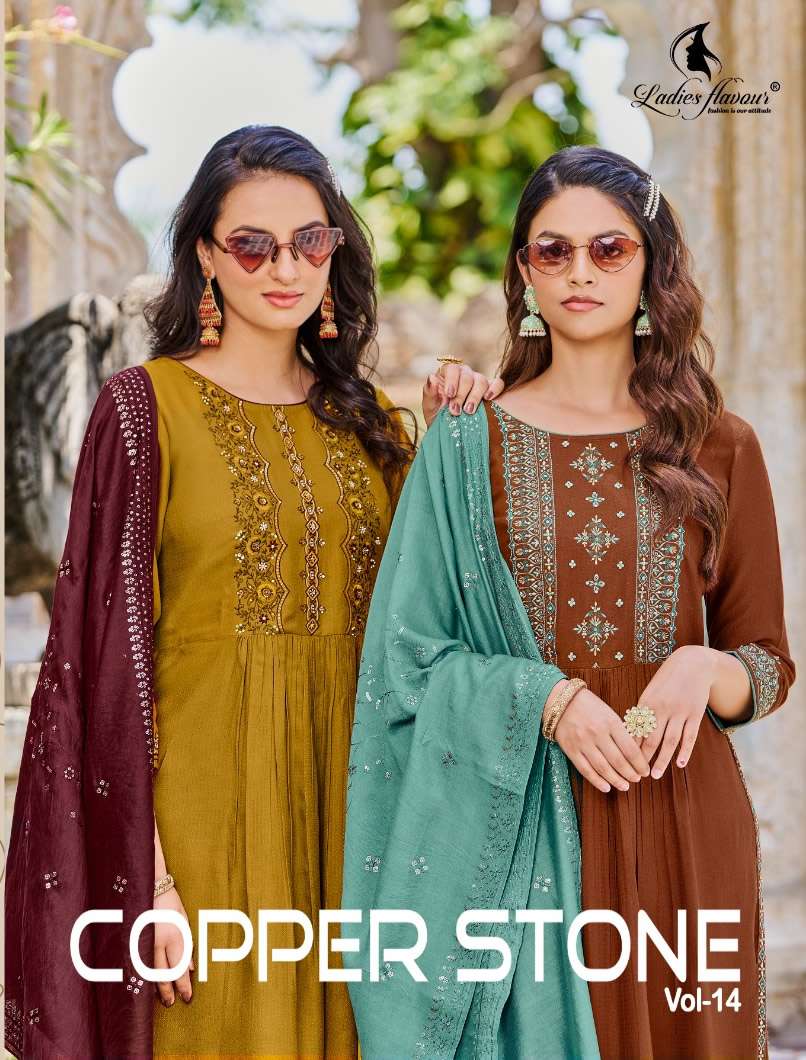 COPPER STONE VOL 14 VISCOSE DOBBY EMBROIDERY KHATLI WORK KURTI WITH  COTTON SLUB LYCRA PANT AND CHAN...