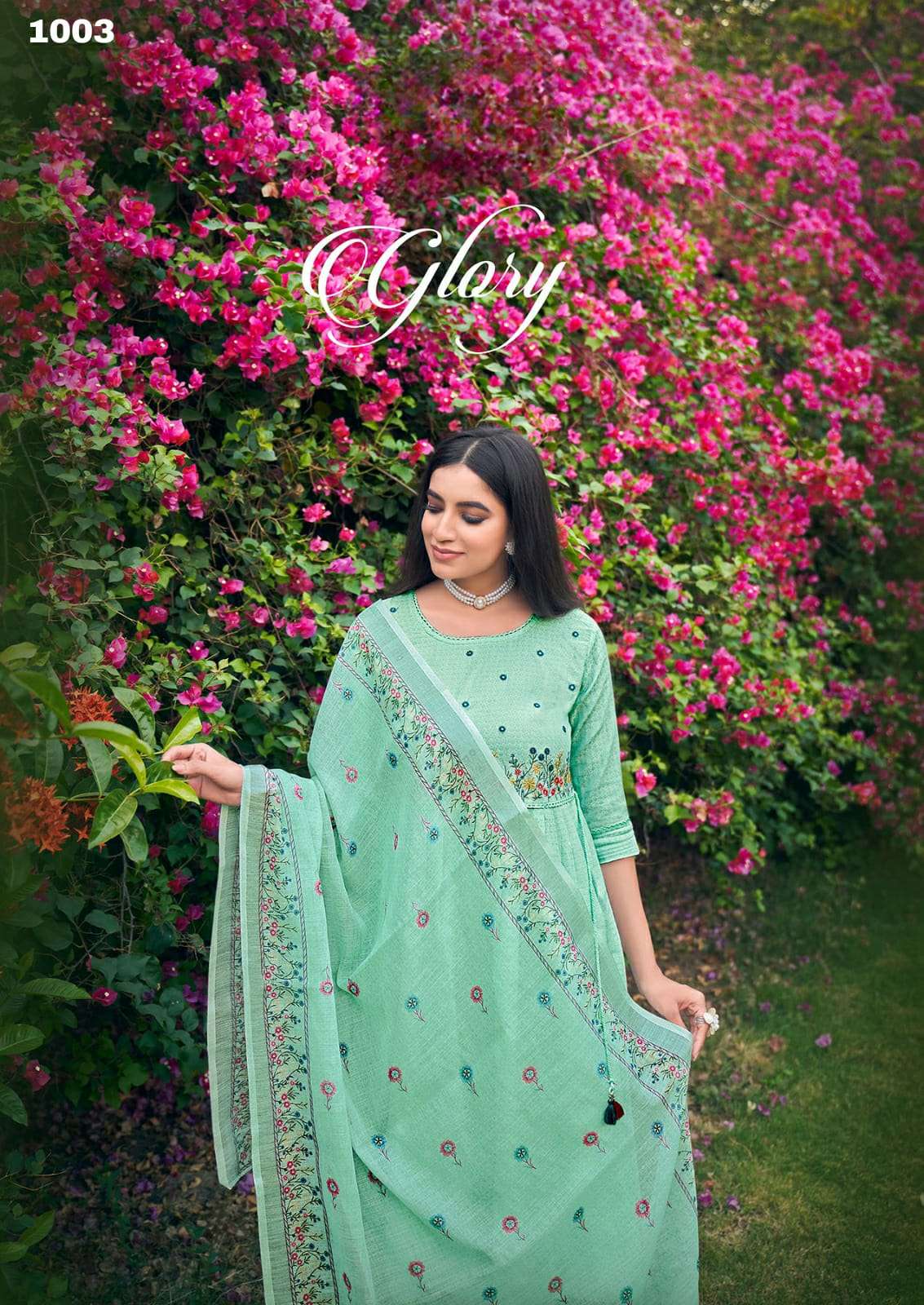 GLORY COTTON WEAVING EMBROIDERY WORK NAYRA CUT KURTI WITH COTTON STRIPS PANT AND LILEN DIGITAL PRINT...