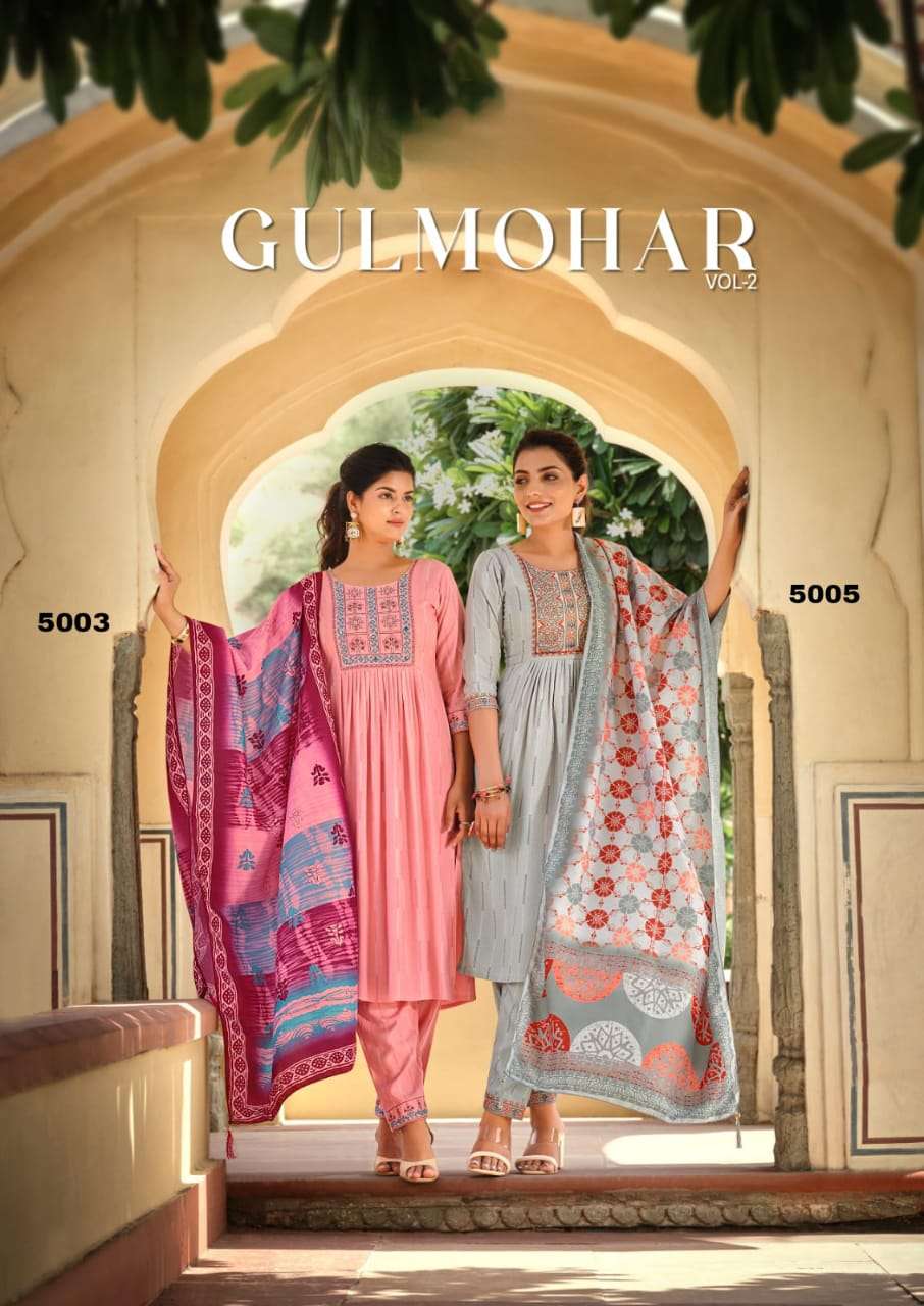 GULMOHAR VOL 2 PREMIUM LIVA TAG RAYON THREAD AND HANDWORK KURTI WITH PANT AND MUSLIN DIGITAL PRINT D...