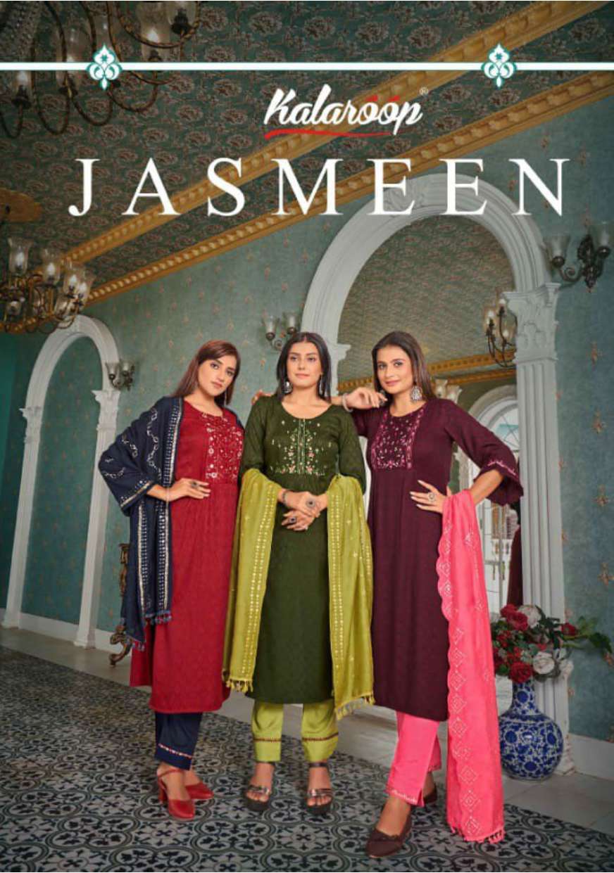 JASMEEN FANCY FABRIC EMBROIDERY WORK KURTI WITH PANT AND DUPATTA BY KALAROOP BRAND WHOLESALER AND DE...