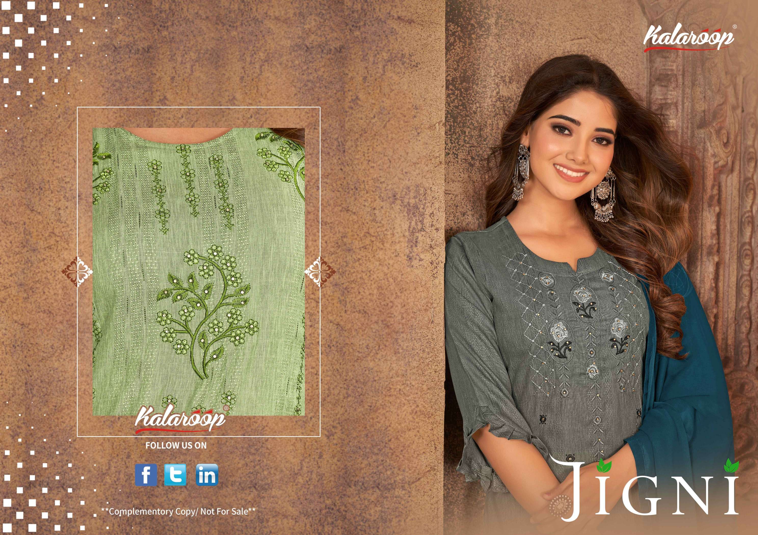 JIGNI FANCY FABRIC EMBROIDERY WORK KURTI WITH PANT AND DUPATTA BY KALAROOP BRAND WHOLESALER AND DEAL...