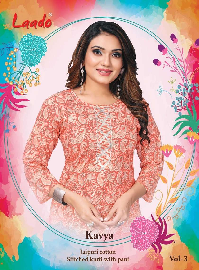 KAVYA JAIPURI VOL 3 PURE COTTON PRINTED KURTI AND  PANT WITH POCKET BY LAADO BRAND WHOLESALER AND DE...