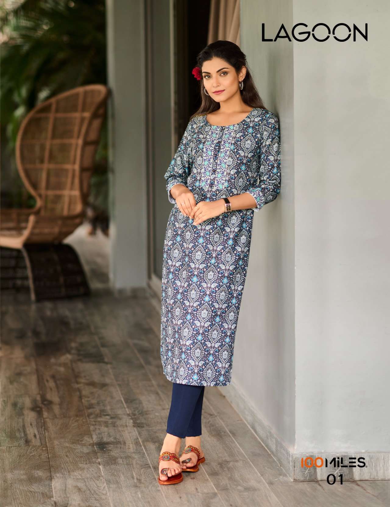 LAGOON FANCY BLENDED FABRIC HEAVY EMBROIDERED DIGITAL PRINTED KURTI WITH COTTON INNER BY 100MILES BR...