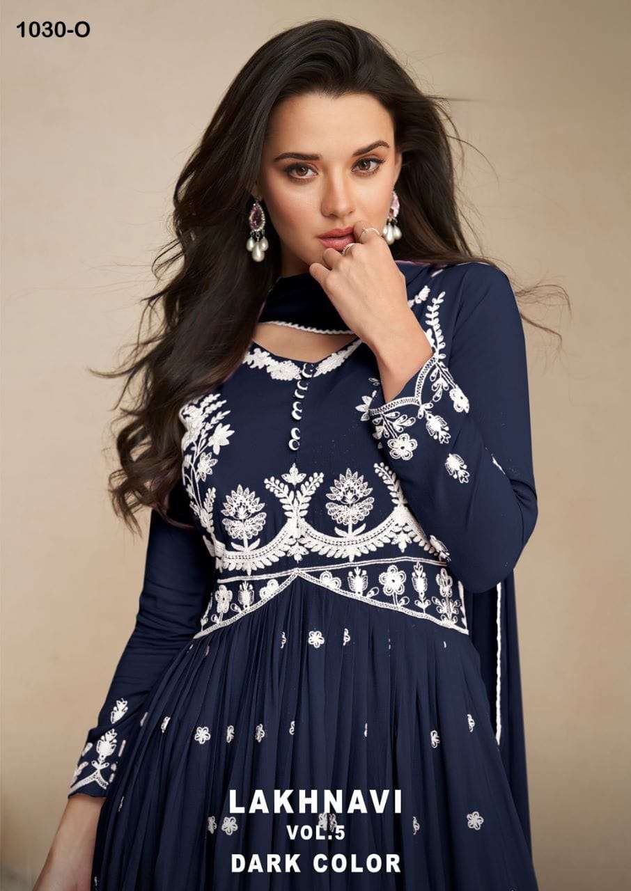 LAKHNAVI VOL 5 DARK COLOR HEAVY REYON LAKHNAVI WORK NAYRA CUT KURTI WITH PLAZO AND NAZMIN DUPATTA BY...