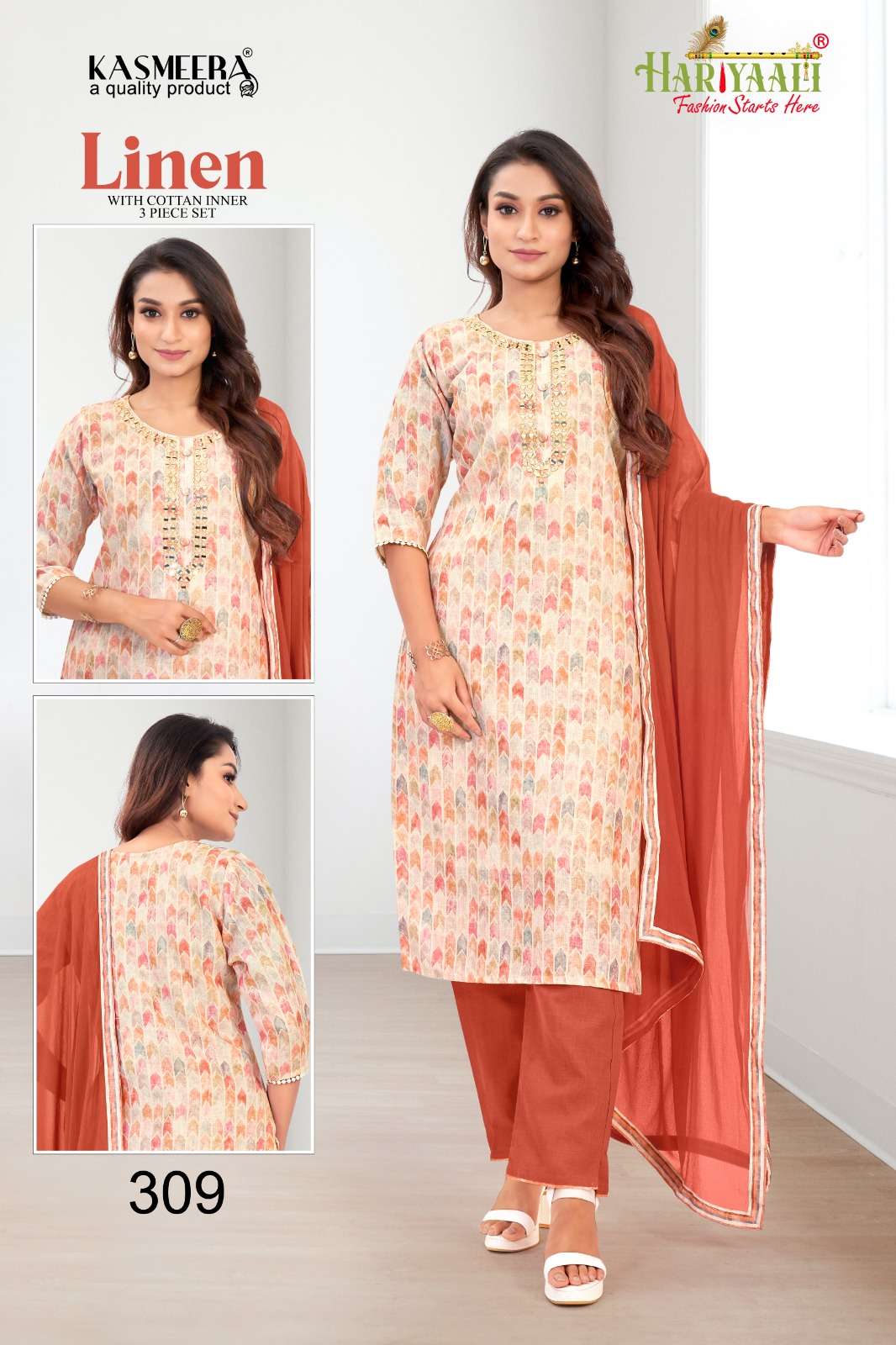 LINEN VOL 3 LINEN DIGITAL PRINT REAL MIRROR WORK KURTI WITH COTTON PANT AND NAZMIN DUPATTA WITH FOUR...