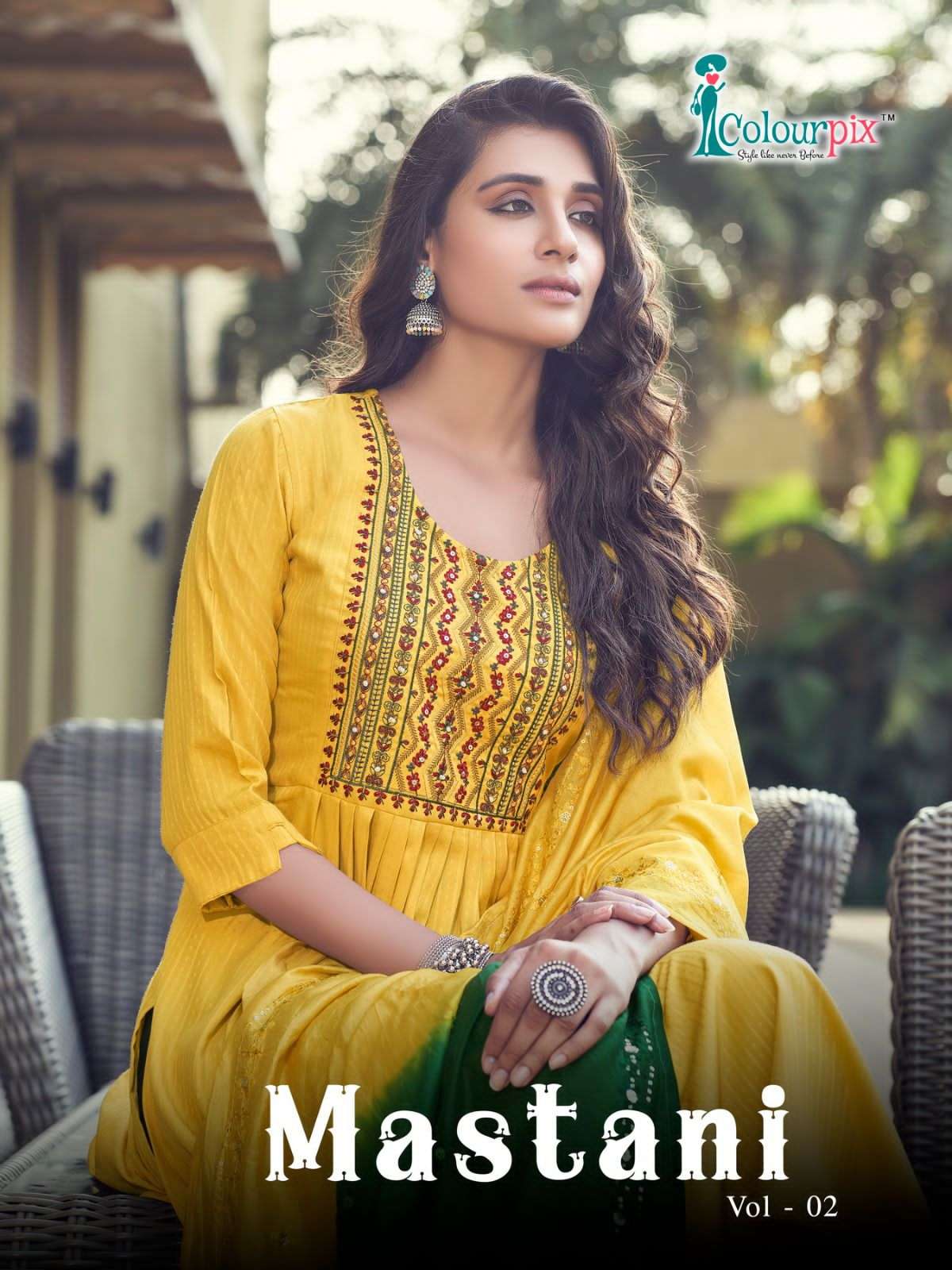 MASTANI VOL 2 VISCOSE REYON EMBROIDERY AND HANDWORK KURTI WITH PANT AND  CHANDERI  DUPPATTA BY COLOU...