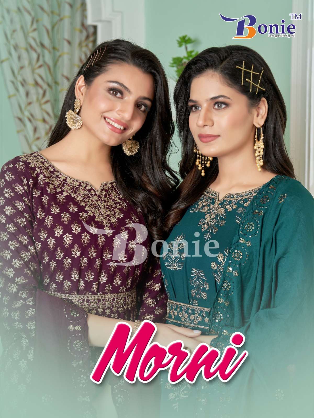 MORNI RAYON 14KG DORI SEQUENCE WORK GHERA ANARKALI KURTI WITH BELT BY BONIE BRAND WHOLESALER AND DEA...