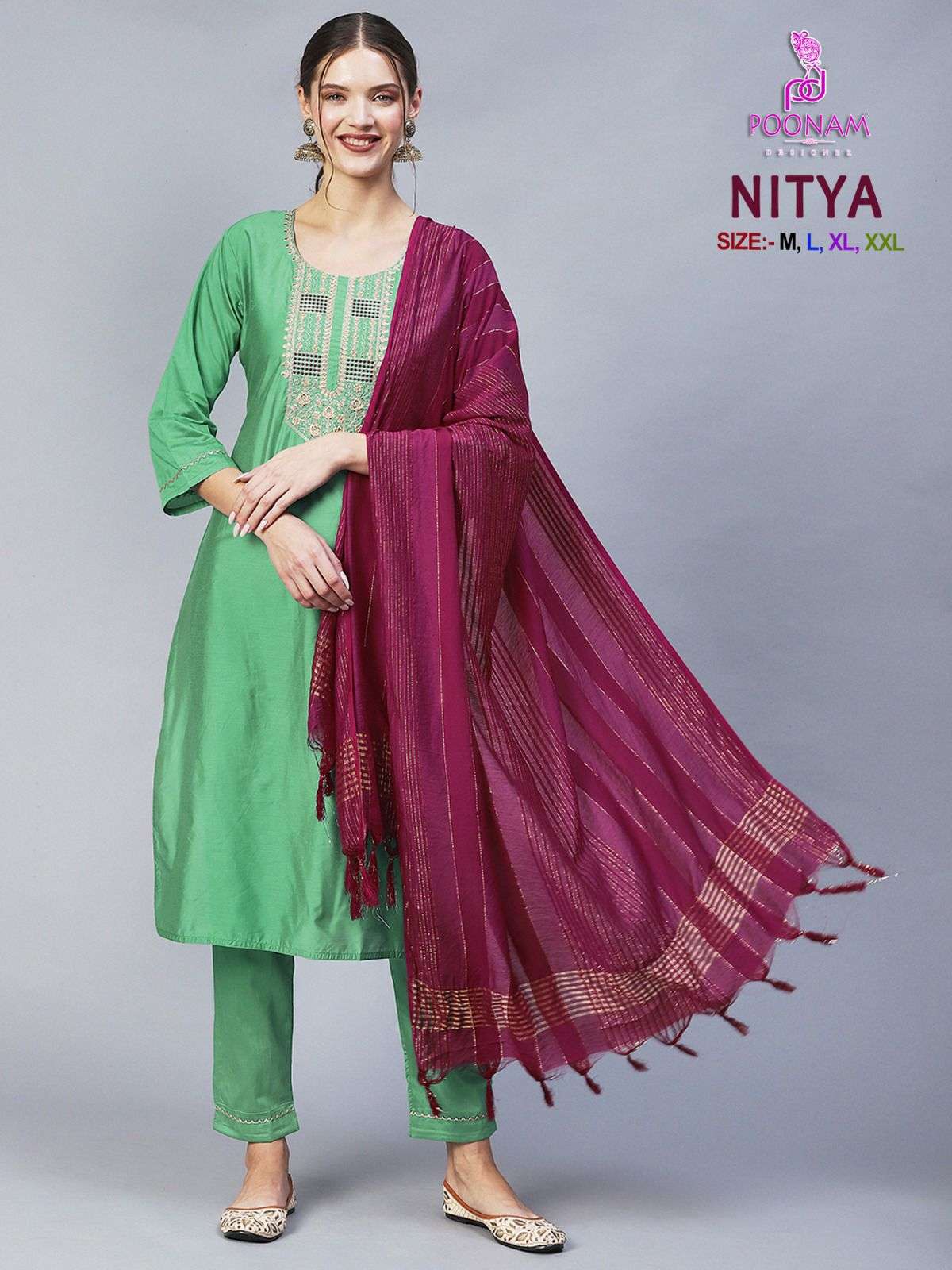 NITYA COTTON BLEND GLITTER DORI AND NECK EMBROIDERY WORK KURTI WITH PANT AND  SOFT DYEABLE CHANDERI ...